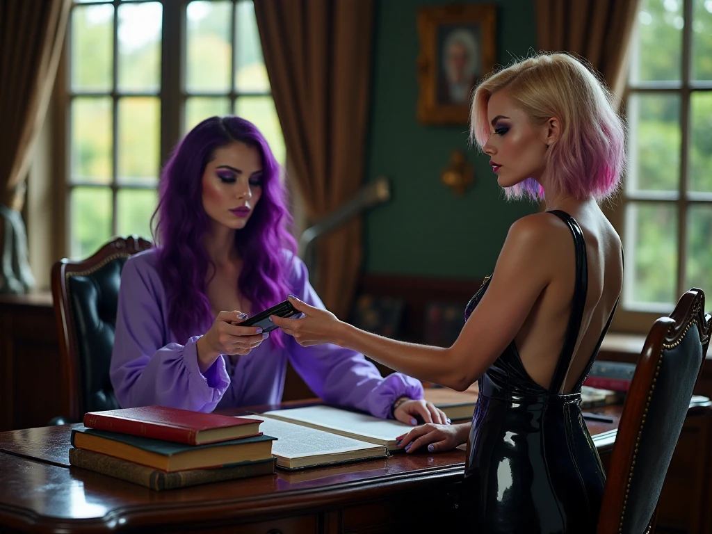 A beautiful woman with long flowing wavy deep purple hair wearing a COMFORTABLE purple dress WITH LONG SLEEVES, with purple eyeshadow lipstick and nail polish sits at a large antique desk in a luxurious traditional room, perusing a number of antique leather bound books. A young woman with bobbed blond hair with pink and blue highlights wearing a skimpy very shiny black latex dress passes her a phone. Both women have immaculate striking makeup. garden view through windows. Photorealistic, hyperrealistic , shot on DSLR 64 megapixels, bokeh 