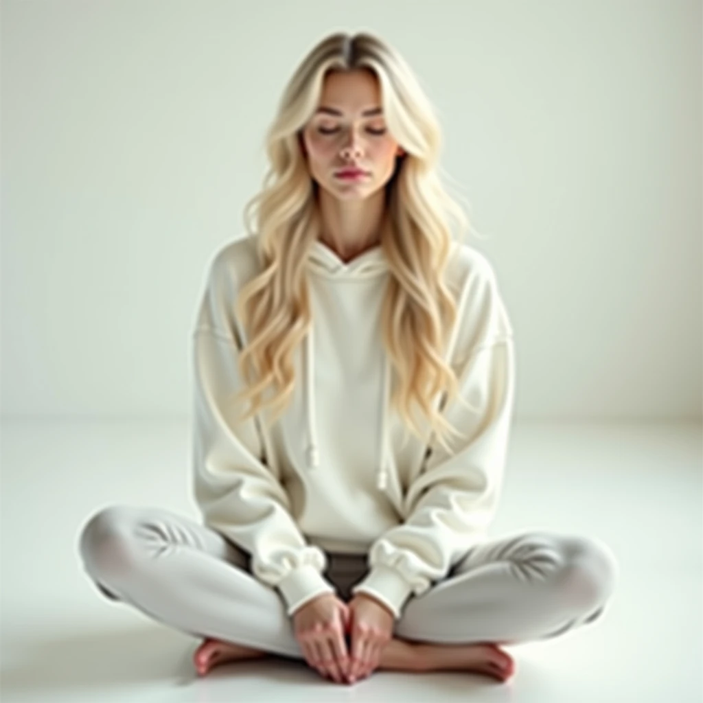 create girl with long blonde hair, She is sitting and meditating with gray-blue eyes .HP (Best quality,4K,8 K,a high resolution,masterpiece:1.2),ultra detailed,(realistic,photorealistic,photo-realistic:1.37),HDR,studio lighting,very detailed face body clothing
