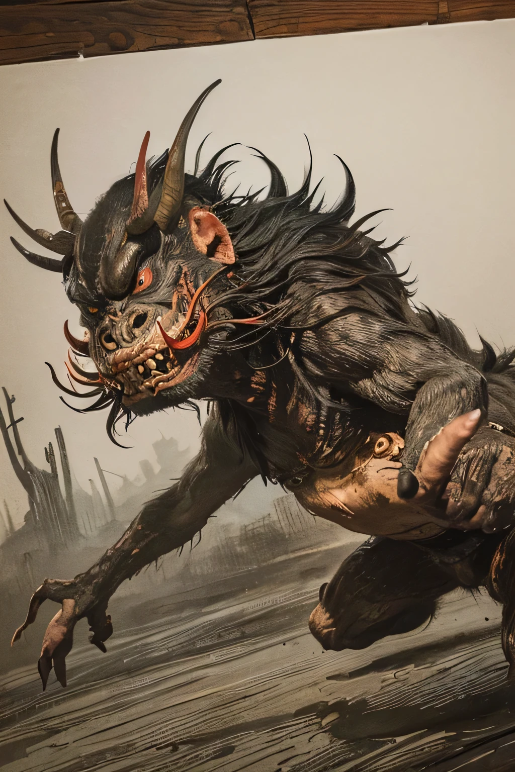 ((Monsters that look like 2 beasts)), ((war)), ((Jumpscare)), outline warm color, ((festival)), ((Chojugiga)), ((Shihon Bokuga)), antique, (personality personification ), (Ink painting), Black and White Art , (Old paper style illustration), (Hunting Painting Style, Little Monster , Old performance, Variation pointillism, flat illustration , creepy, ( Horror elements), creepy worldview, ( Primitive art ), outline warm color, are styled like old picture scrolls, Old stage, Ancient mural style, Intense Movements , jump, ((high angle))