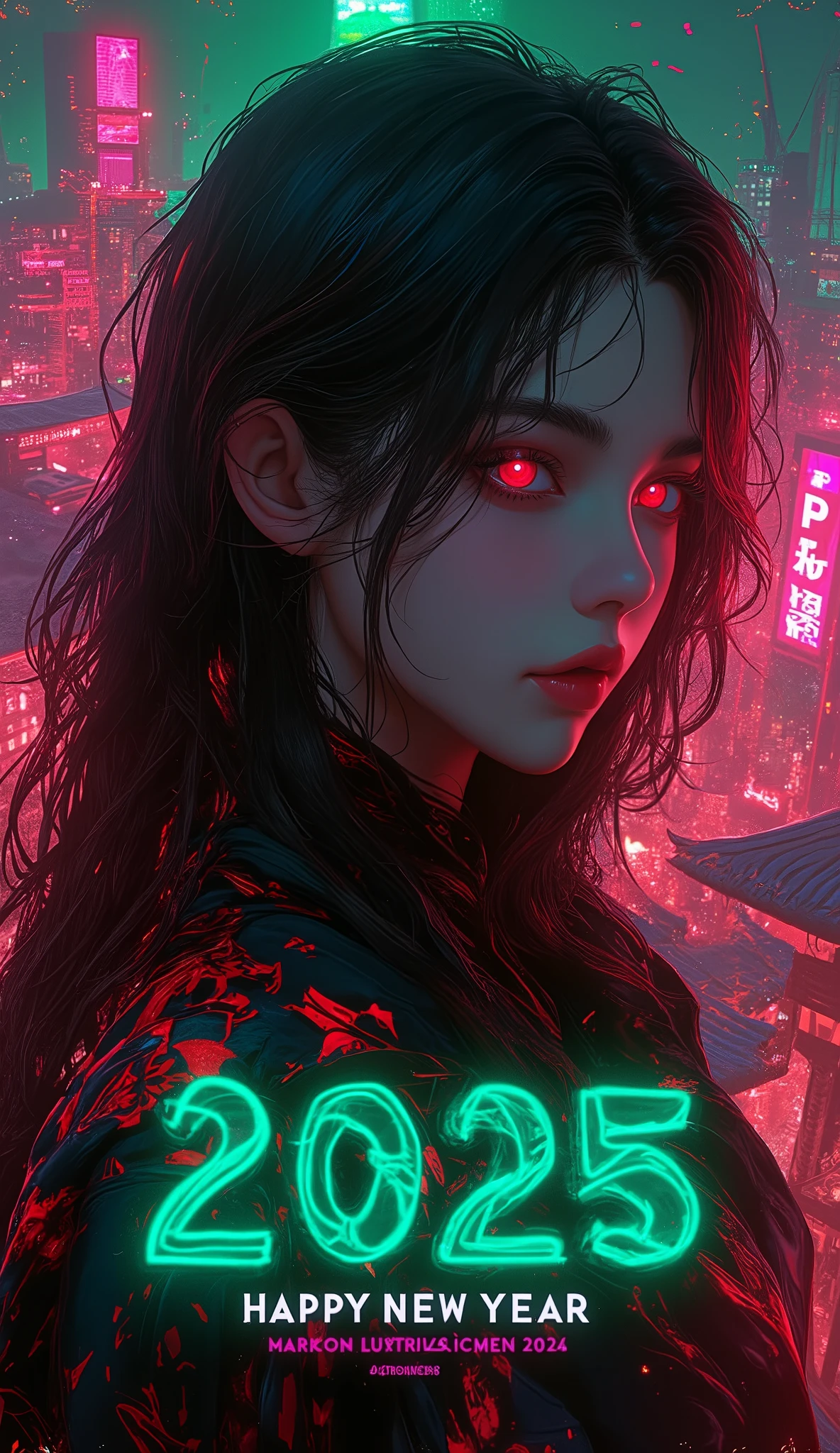 A new style like no other ,  digital design poster using brilliance ,  expresses the glamor of the new year in detail ,  Let's make a poster full of smiles that combines cyberpunk and traditional Japanese beauty, (Insert sentence “2025 HappyNew Year”), green neon font, Please keep only your eyes clear red, 