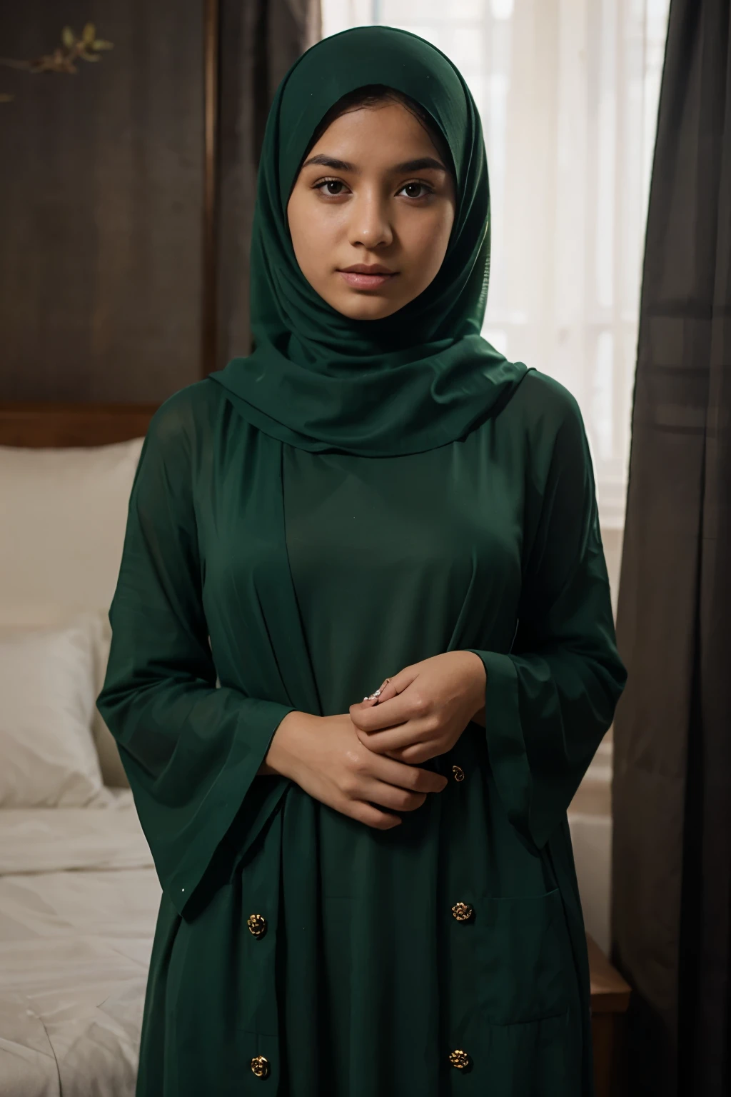 Nude 20 year old teenage malay woman with long green hijab,mosque background,grinning,hands on breast
