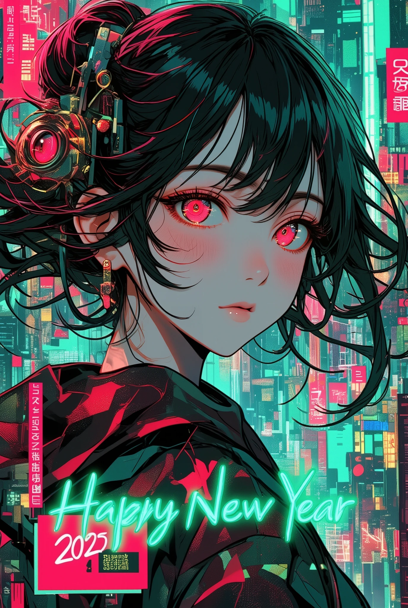 A new style like no other ,  digital design poster using brilliance ,  expresses the glamor of the new year in detail ,  Let's make a poster full of smiles that combines cyberpunk and traditional Japanese beauty, (Insert sentence “2025 HappyNew Year”), green neon font, Please keep only your eyes clear red, 