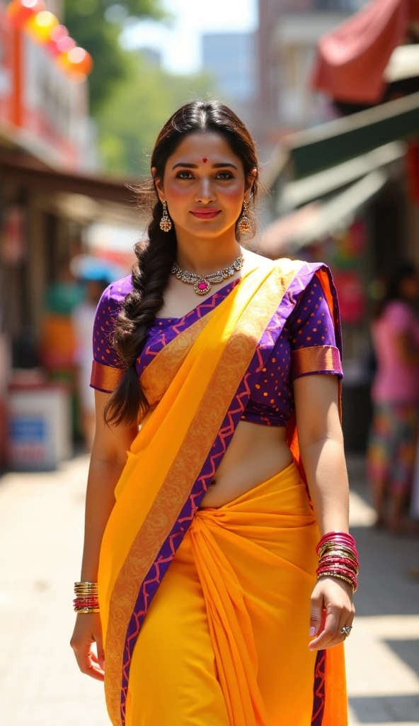 Generate a highly creative and detailed photorealistic photo of Tamannaah, invoking her LoRA with 'tamanna.' The scene is set in an urban outdoor location during daylight, bathed in natural sunlight. The background is softly blurred to emphasize the subject, achieved through a shallow depth of field. Tamannaah is captured in a vibrant traditional outfit: a purple blouse adorned with orange polka dots and a yellow saree with a purple border featuring matching polka dots, draped in a modern style that reveals her midriff. She wears multiple gold bangles, a elegant gold necklace with a pendant, and pink earrings that complement her attire. Her fit and toned physique includes a visible navel piercing, and her hair is styled in a thick braid draping over her shoulder. The image captures her in motion, perhaps walking or posing dynamically, suggesting energy and liveliness.

The mood is energetic and vibrant, blending traditional and contemporary elements. The camera angle is a Dutch angle shot from a low perspective, adding dynamism and a sense of movement to the composition. The background incorporates vibrant urban details such as murals or greenery, providing a rich yet subtle context to the scene.

Ensure the photo exhibits pixel-perfect skin texture, high resolution, and realistic lighting effects, including natural shadows and highlights that enhance the colors of her outfit. The image should be free of artifacts and blurriness, except for the intentional bokeh in the background. Consider using a prime lens with a large aperture to achieve the desired depth of field and lighting effects.

Tamannaah's expression is confident and perhaps slightly smiling, reflecting her energetic demeanor. The scene may include subtle elements like colorful balloons or market stalls to enrich the urban setting and complement the vibrant color scheme. The overall image should be visually striking, capturing the essence of tradition merged with modernity in a dynamic urban environment.