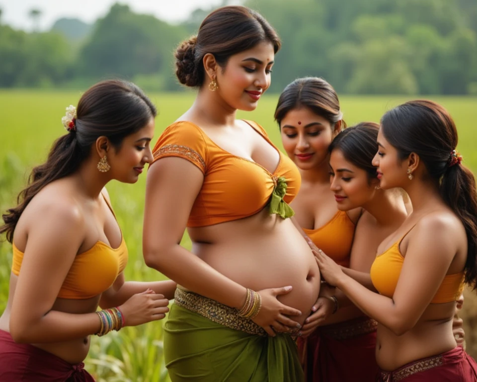 a strong Indian girl with long hair styled in an elegant updo, looking softly downward with a warm expression. She is wearing a traditional Orange blouse with short sleeves and a knotted front, paired with a matching green draped bottom piece featuring an embellished waistband. Her midriff and navel are visible, highlighting her toned waist and curvy figure. She wears traditional Indian jewelry, including gold dangling earrings and a set of colorful bangles. Detailed, smooth skin with a natural glow, expressive and perfectly shaped eyes, and a small bindi on her forehead. Next to her, Four Yellow sports bra and Maroon trousers Sri Lankan women are bending down slightly, placing a hug & Kiss on her belly, their hands touching her navel in a gesture of closeness and affection. The setting is outdoor paddy field, diffused lighting