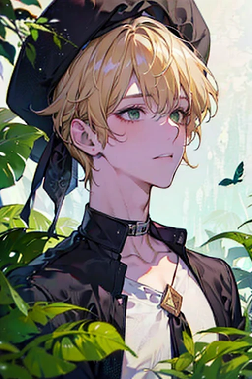 young man,blonde,green eyes,short hair,side part feathered bangs,half-up,unkempt hair,fair skin, calm atmosphere,black short sleeve,collar,NSFW