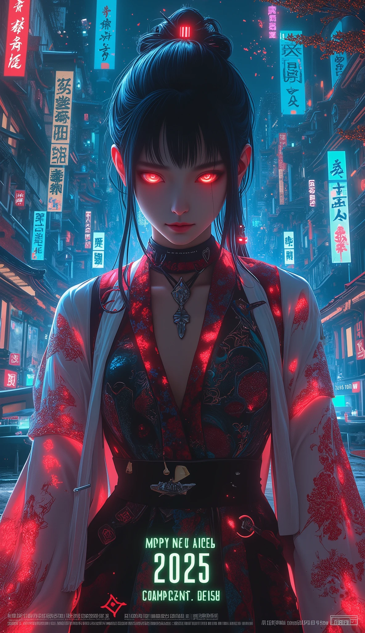 A new style like no other , digital design poster using brilliance , expresses the glamor of the new year in detail , Let's make a poster full of smiles that combines cyberpunk and traditional Japanese beauty, (Insert sentence “2025 HappyNew Year”), green neon font, Please keep only your eyes clear red,