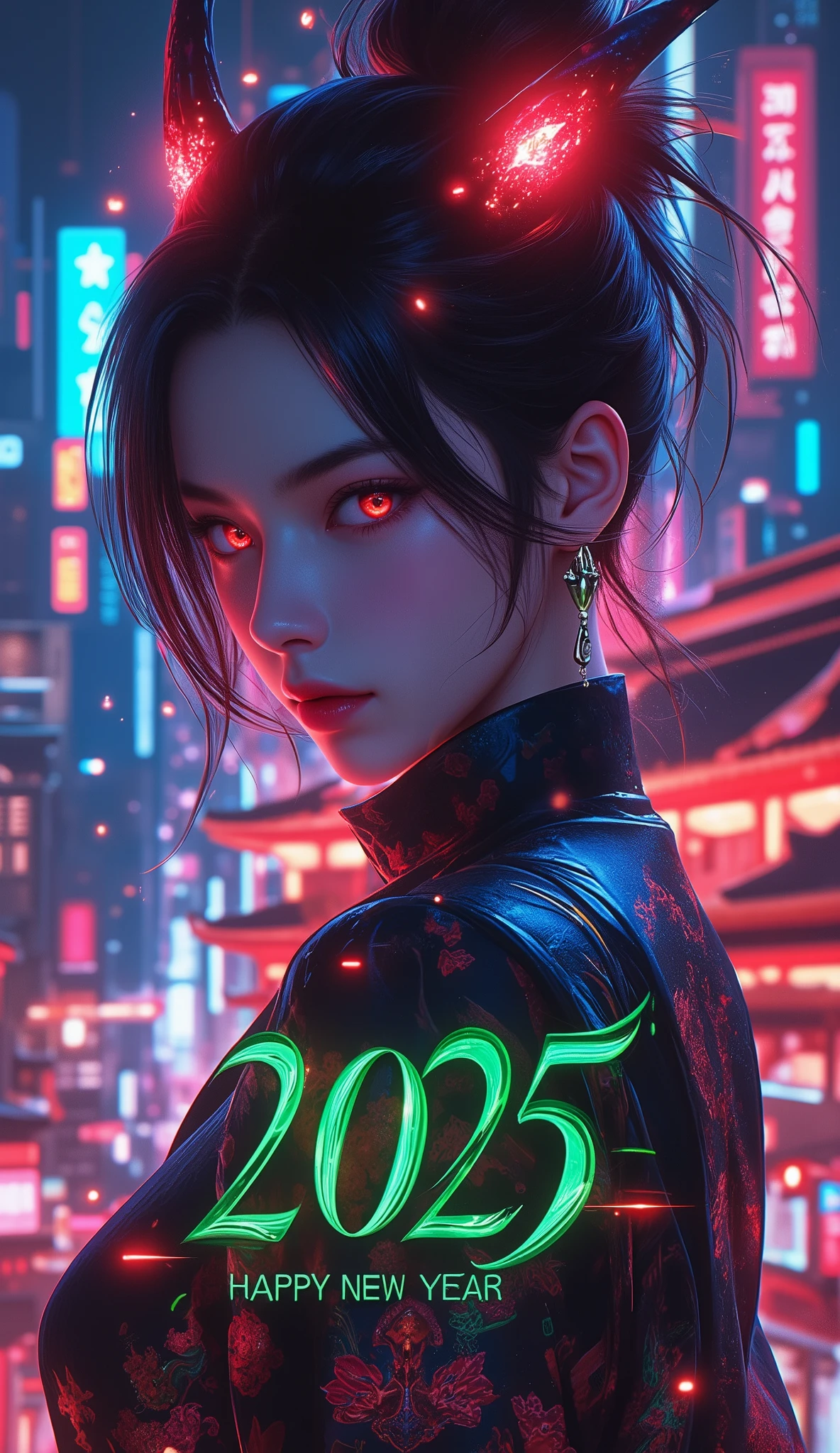 A new style like no other ,  digital design poster using brilliance ,  expresses the glamor of the new year in detail ,  Let's make a poster full of smiles that combines cyberpunk and traditional Japanese beauty, (Insert sentence “2025 HappyNew Year”), green neon font, Please keep only your eyes clear red, 