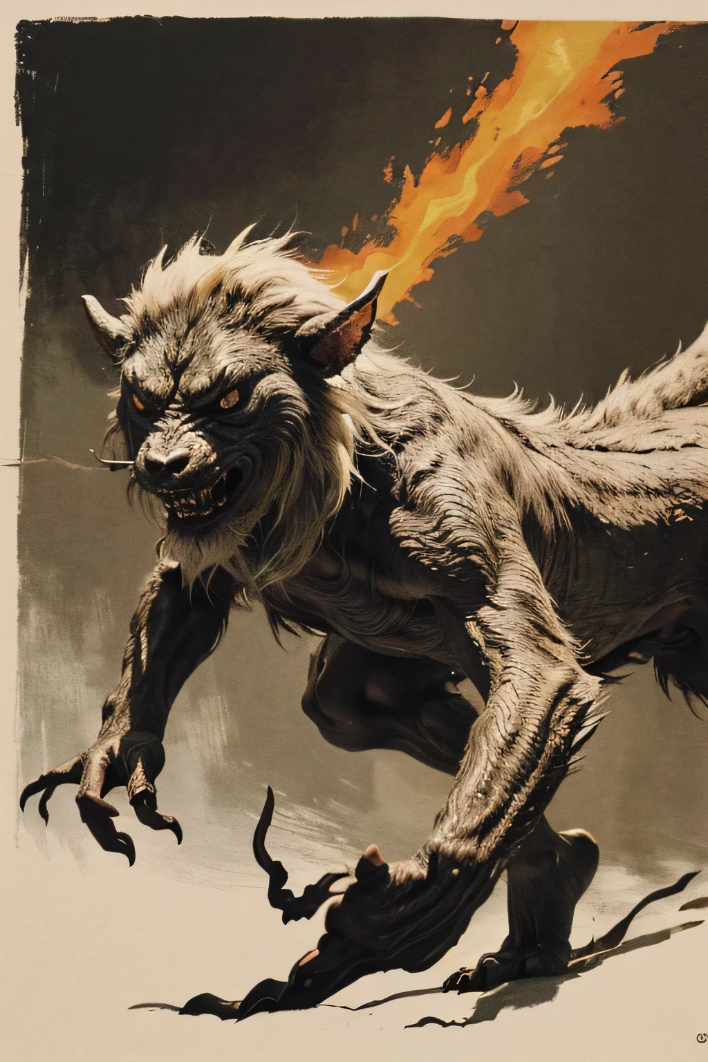 ((Monsters that look like 2 beasts)), ((war)), ((Jumpscare)), outline warm color, ((festival)), ((Chojugiga)), ((Shihon Bokuga)), antique, (personality personification ), (Ink painting), Black and White Art , (Old paper style illustration), (Hunting Painting Style, Little Monster , Old performance, Variation pointillism, flat illustration , creepy, ( Horror elements), creepy worldview, ( Primitive art ), outline warm color, are styled like old picture scrolls, Old stage, Ancient mural style, Intense Movements , jump, ((low angle))