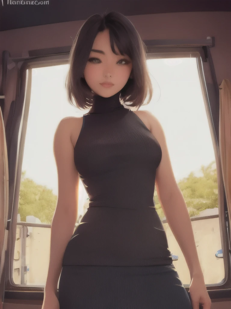 Hinata hyuga A woman wearing a black dress with a belt. Sitting in the street. Her hair was riven. He looked at the camera. Her breasts copied to look so big and round. She looks beautiful and realistic