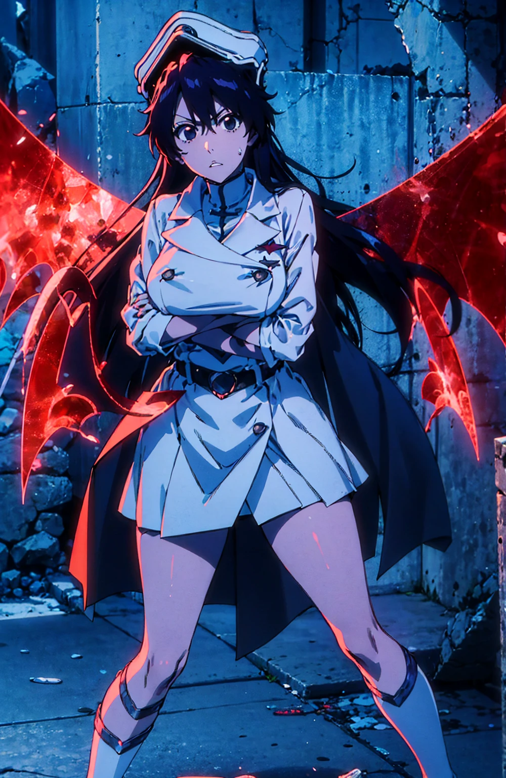 Pov(from below),1girl, alone,Bambietta Basterbine, flying, (Burned Ruined City:1.2), (blushing:1.2), lips parted, kneels on the ground, legs spread,Raining, blood on breasts, eyes red, has, White military shape, White short pleated skirt, Top skirt, short skirt, hat, military hat, Black lace panties, large breasts, wide hips, wide thighs, Masterpiece, Detailed, Intricate details, belt, belt with a red heart,(black lace bra:1.2), from above, bright red wings, big tits, sperm on breasts