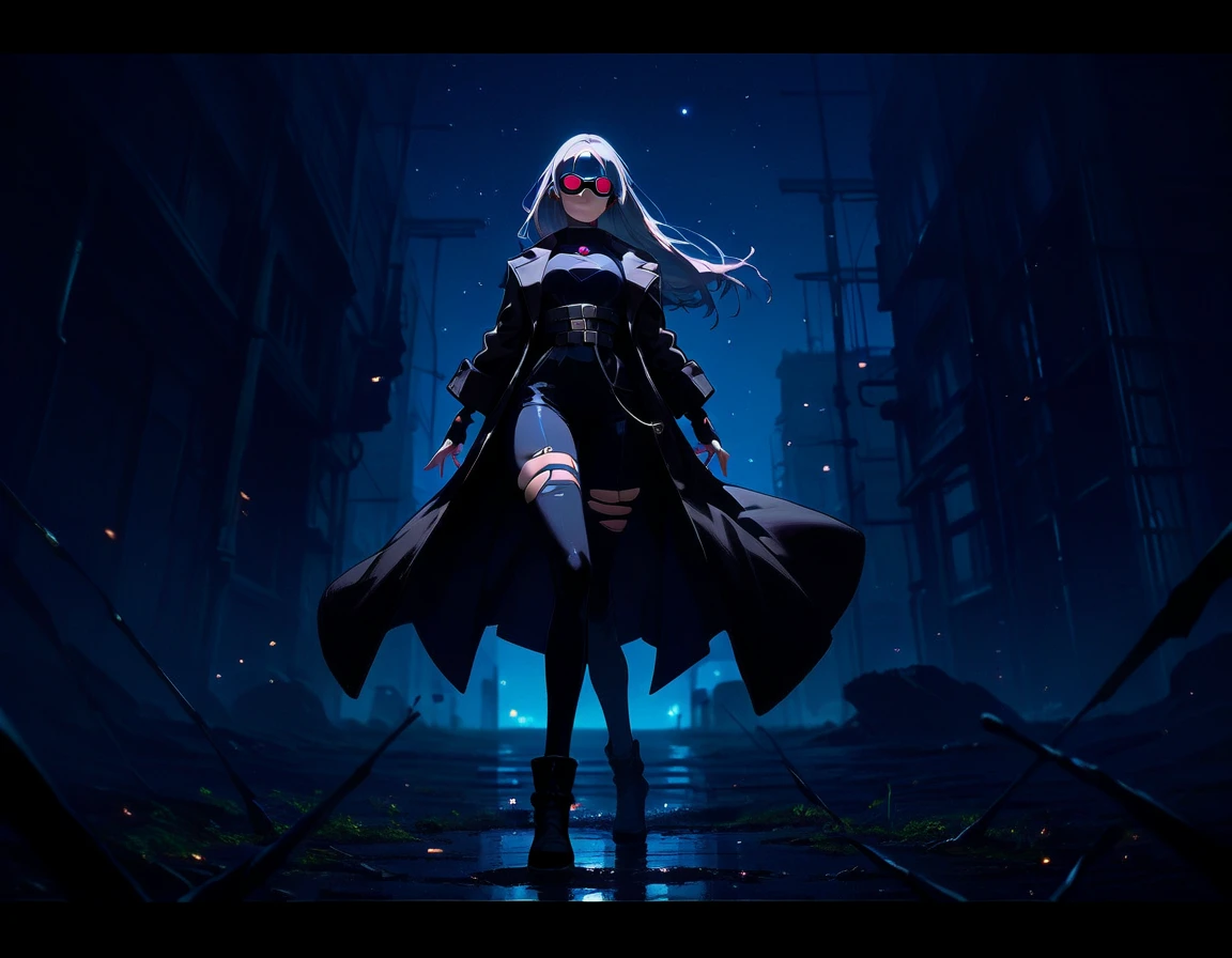 A lithe female assassin in a spider suit, long legs, night vision goggles, dark nightscape,  rooftops background, bottom heavy, hyper thighs, fingerless gloves, black trench coat, g4n1m3