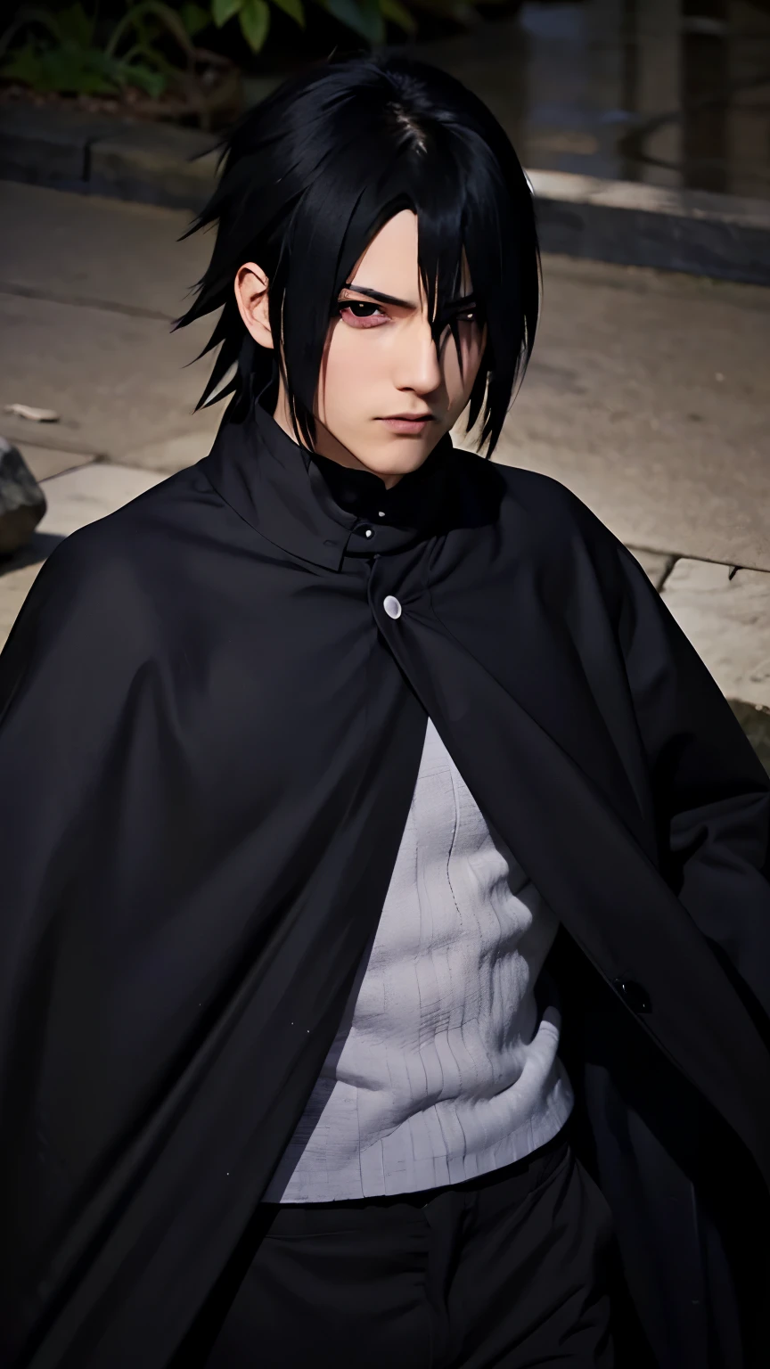 Sasuke uchiha, black hair his covering one eye, grey shirt long sleeve, black cloak, black long pant, heterocrhomia, red eyes, purple eyes with purple sclera, outdoors, rocks backgorund, looking at viewers