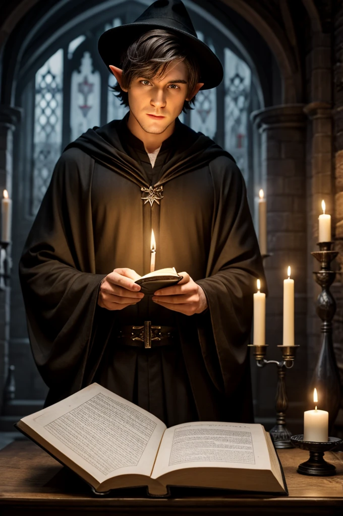 Half Elf male dressed as ministry of magic member wearing a black hat short silver hair age 25 medieval wearing a black and white robe 4k yellowish eyes no extra hands reading over a spell book over a candle light