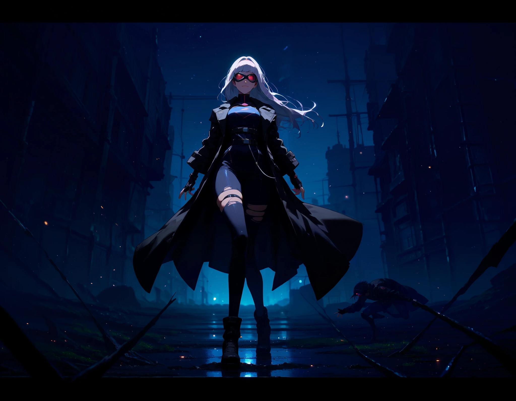 A lithe female assassin in a spider suit, long legs, night vision goggles, dark nightscape,  rooftops background, bottom heavy, hyper thighs, fingerless gloves, black trench coat, g4n1m3