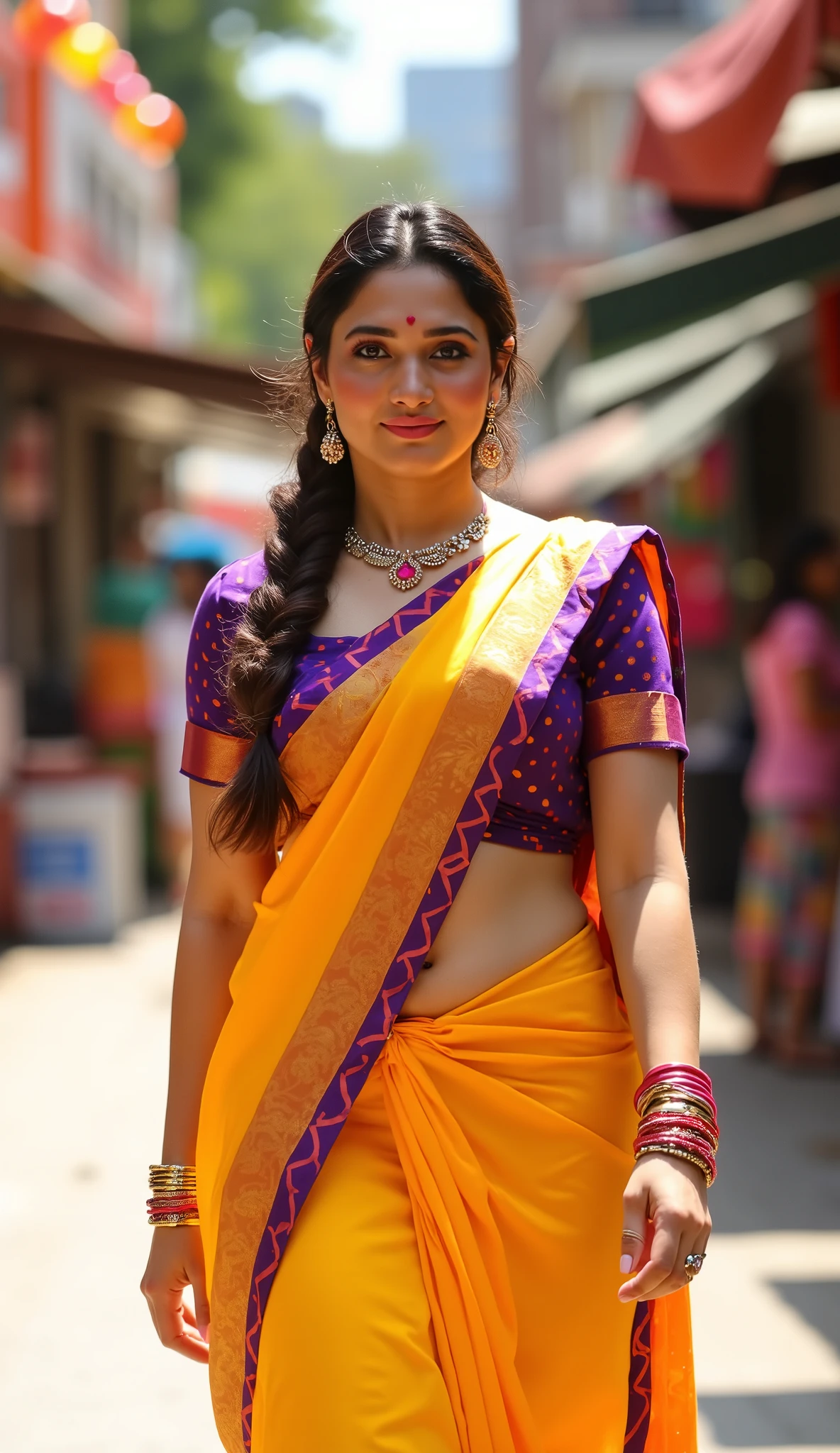 Generate a highly creative and detailed photorealistic photo of Tamannaah, invoking her LoRA with 'tamanna.' The scene is set in an urban outdoor location during daylight, bathed in natural sunlight. The background is softly blurred to emphasize the subject, achieved through a shallow depth of field. Tamannaah is captured in a vibrant traditional outfit: a purple blouse adorned with orange polka dots and a yellow saree with a purple border featuring matching polka dots, draped in a modern style that reveals her midriff. She wears multiple gold bangles, a elegant gold necklace with a pendant, and pink earrings that complement her attire. Her fit and toned physique includes a visible navel piercing, and her hair is styled in a thick braid draping over her shoulder. The image captures her in motion, perhaps walking or posing dynamically, suggesting energy and liveliness.
The mood is energetic and vibrant, blending traditional and contemporary elements. The camera angle is a Dutch angle shot from a low perspective, adding dynamism and a sense of movement to the composition. The background incorporates vibrant urban details such as murals or greenery, providing a rich yet subtle context to the scene.
Ensure the photo exhibits pixel-perfect skin texture, high resolution, and realistic lighting effects, including natural shadows and highlights that enhance the colors of her outfit. The image should be free of artifacts and blurriness, except for the intentional bokeh in the background. Consider using a prime lens with a large aperture to achieve the desired depth of field and lighting effects.
Tamannaah's expression is confident and perhaps slightly smiling, reflecting her energetic demeanor. The scene may include subtle elements like colorful balloons or market stalls to enrich the urban setting and complement the vibrant color scheme. The overall image should be visually striking, capturing the essence of tradition merged with modernity in a dynamic urban environment.