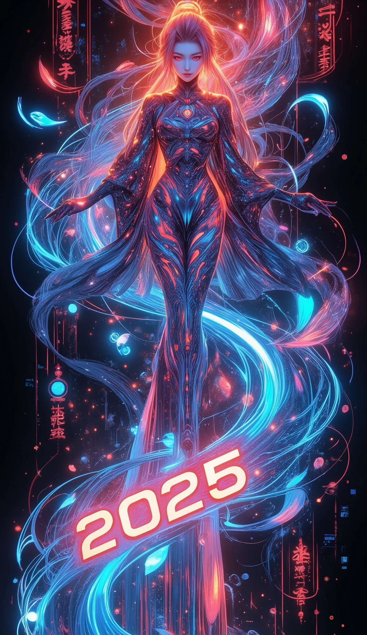 A new style like no other ,  digital design poster using brilliance ,  expresses the glamor of the new year in detail ,  Let's make a poster full of smiles that combines cyberpunk and traditional Japanese beauty, (Insert sentence “2025 HappyNew Year”), green neon font, Please keep only your eyes clear red, 