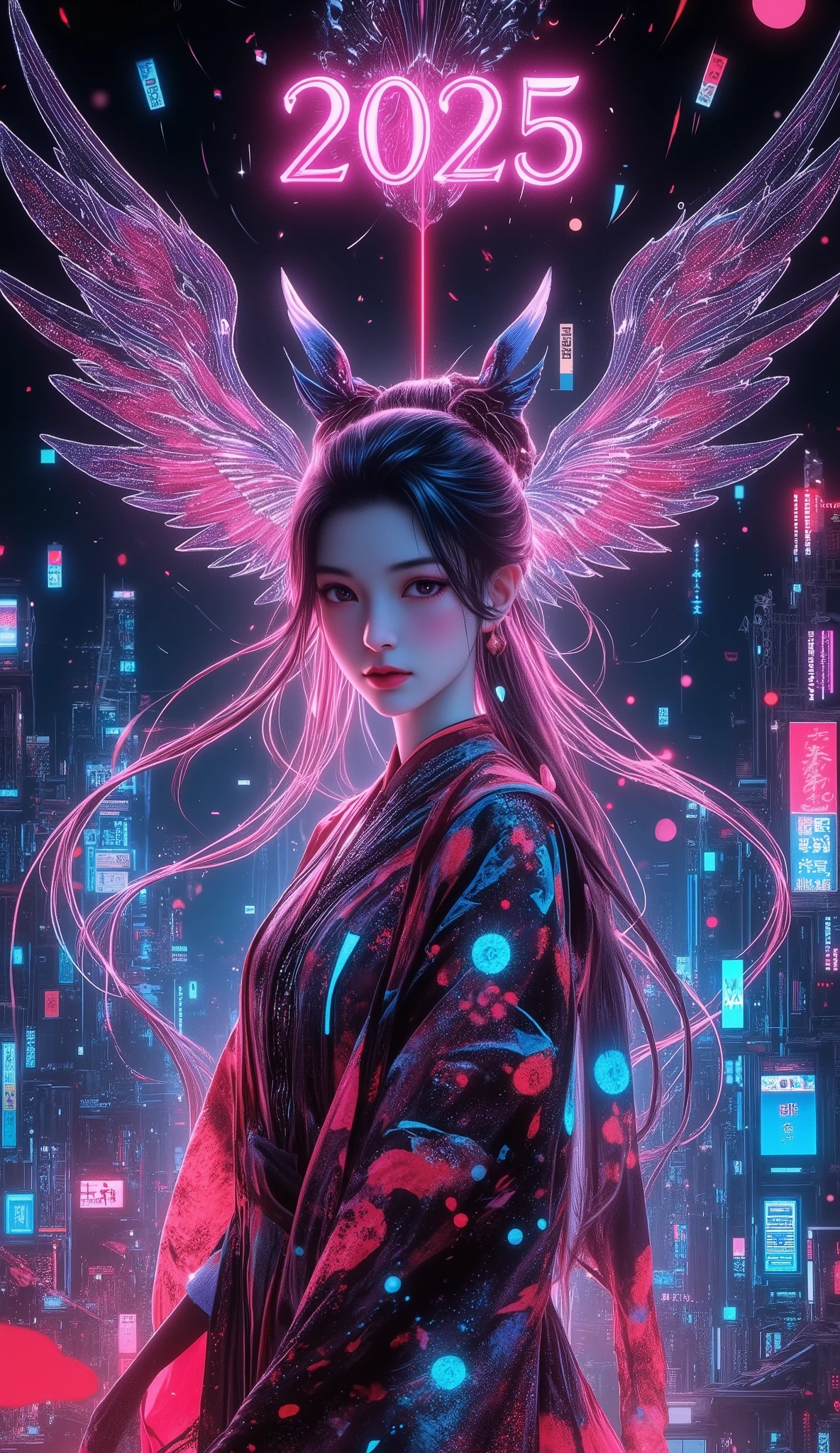 A new style like no other ,  digital design poster using brilliance ,  expresses the glamor of the new year in detail ,  Let's make a poster full of smiles that combines cyberpunk and traditional Japanese beauty, (Insert sentence “2025 HappyNew Year”), green neon font, Please keep only your eyes clear red, 