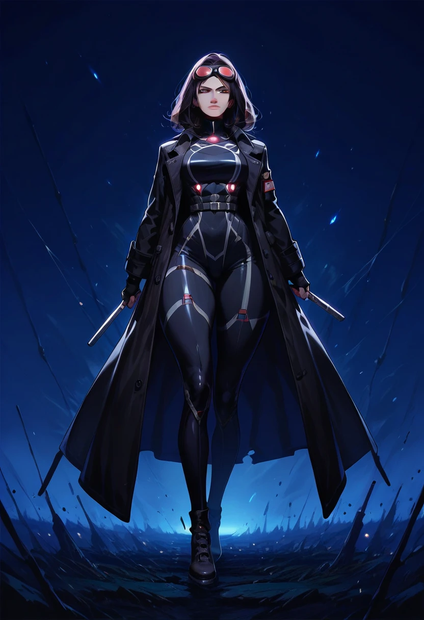 A lithe female assassin in a spider suit, long legs, night vision goggles, dark nightscape,  rooftops background, bottom heavy, hyper thighs, fingerless gloves, black trench coat, g4n1m3, MYLF