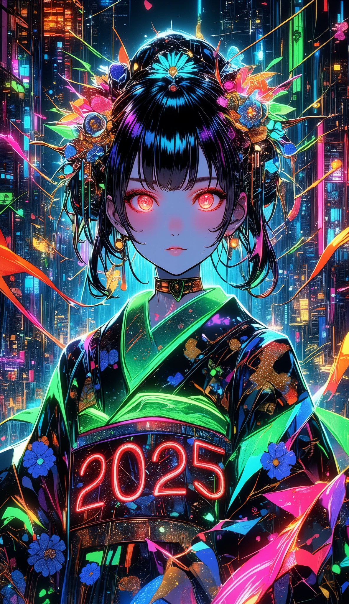 A new style like no other ,  digital design poster using brilliance ,  expresses the glamor of the new year in detail ,  Let's make a poster full of smiles that combines cyberpunk and traditional Japanese beauty, (Insert sentence “2025 HappyNew Year”), green neon font, Please keep only your eyes clear red, 