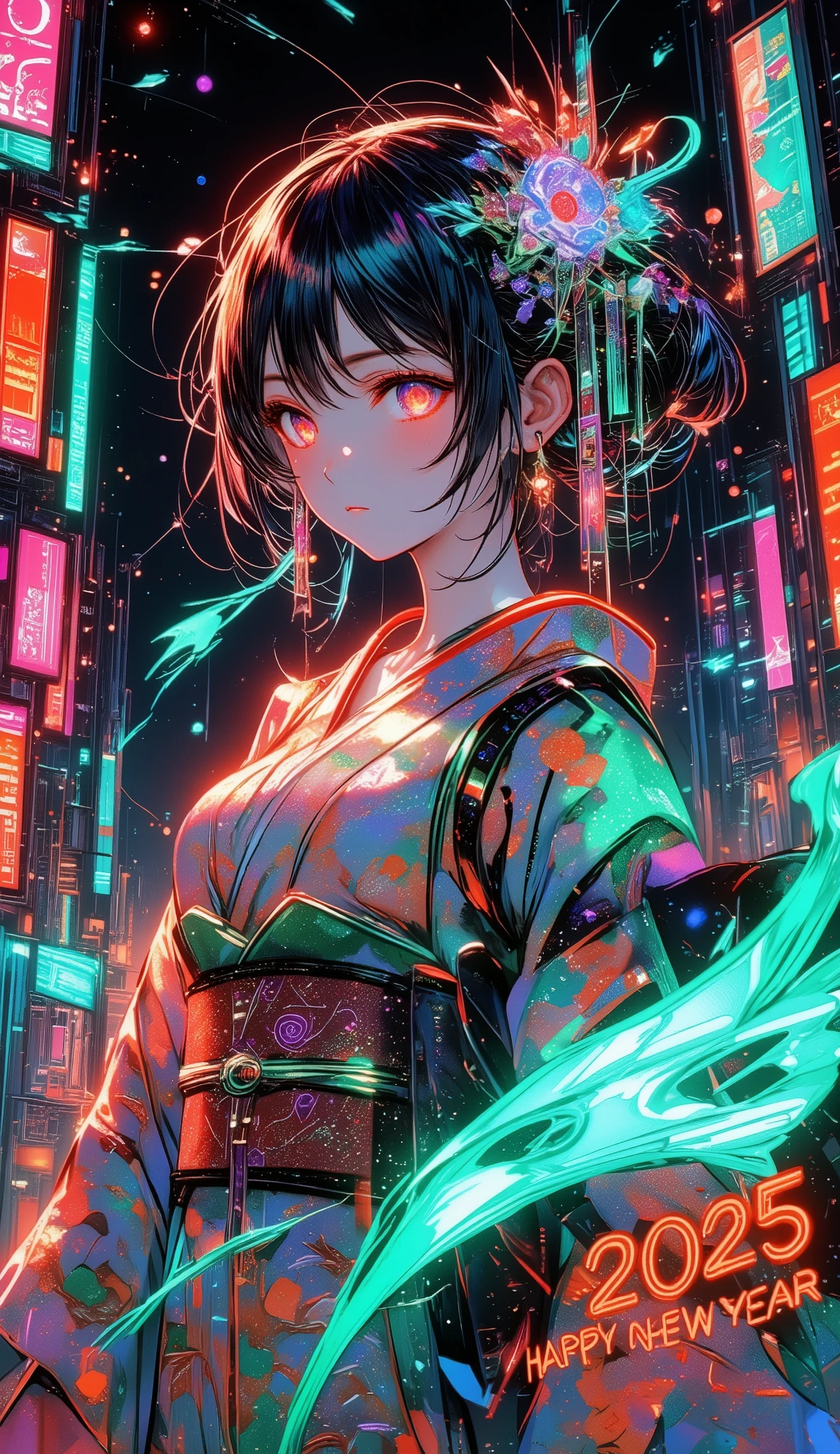 A new style like no other ,  digital design poster using brilliance ,  expresses the glamor of the new year in detail ,  Let's make a poster full of smiles that combines cyberpunk and traditional Japanese beauty, (Insert sentence “2025 HappyNew Year”), green neon font, Please keep only your eyes clear red, glow line art