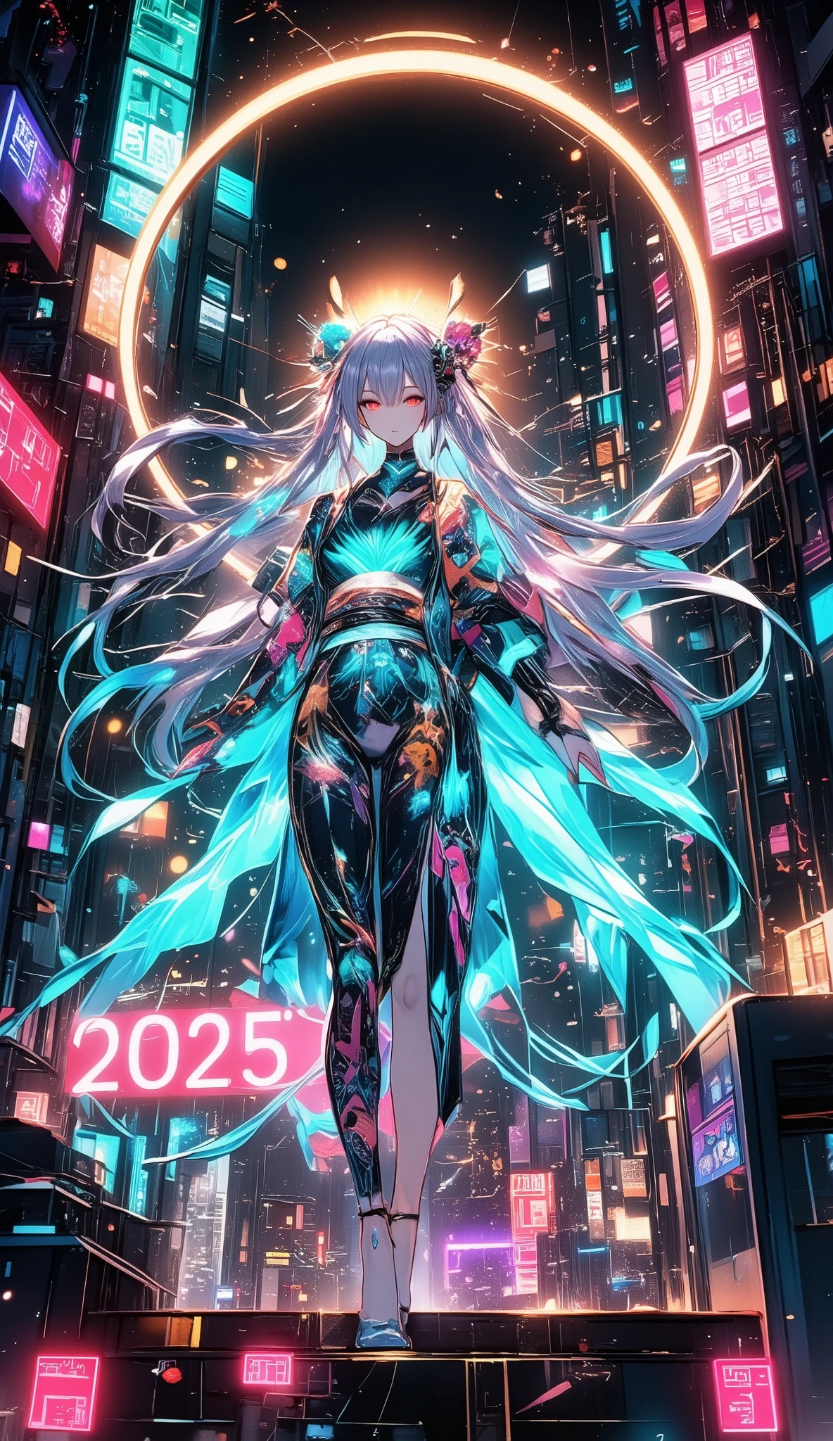 A new style like no other ,  digital design poster using brilliance ,  expresses the glamor of the new year in detail ,  Let's make a poster full of smiles that combines cyberpunk and traditional Japanese beauty, (Insert sentence “2025 HappyNew Year”), green neon font, Please keep only your eyes clear red, glow line art