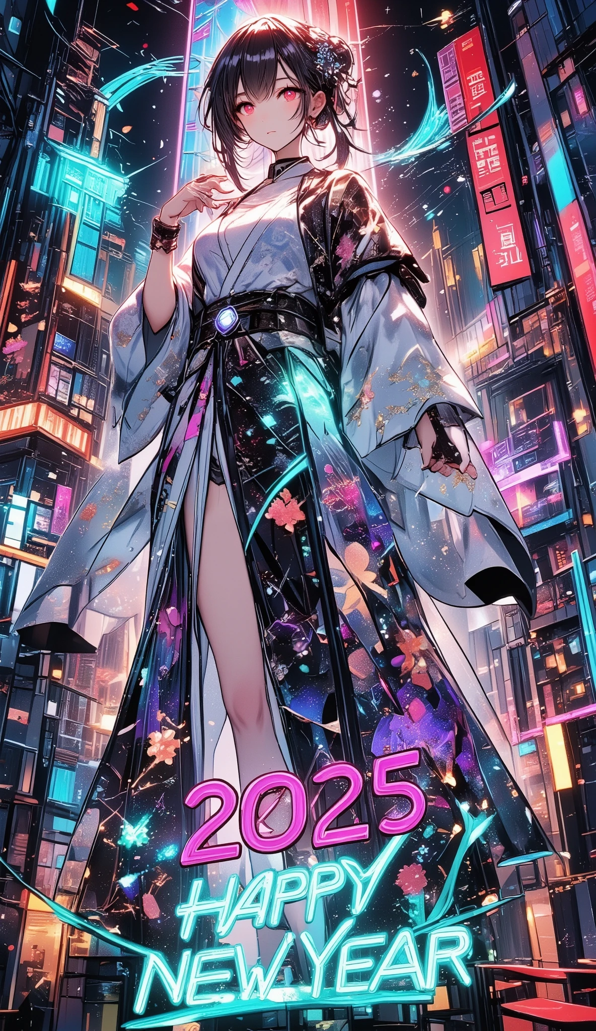 A new style like no other ,  digital design poster using brilliance ,  expresses the glamor of the new year in detail ,  Let's make a poster full of smiles that combines cyberpunk and traditional Japanese beauty, (Insert sentence “2025 HappyNew Year”), green neon font, Please keep only your eyes clear red, 