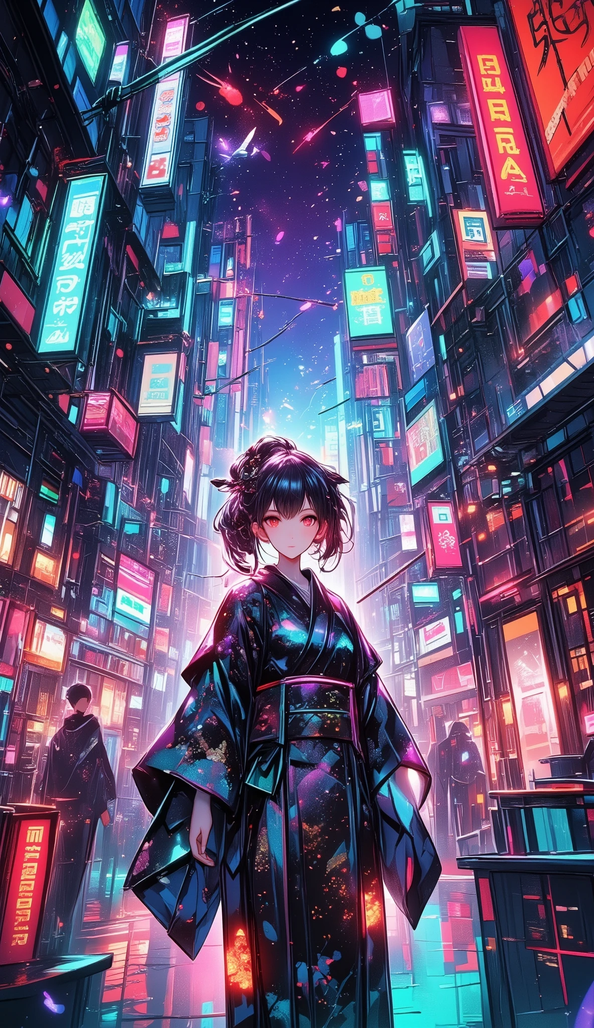 A new style like no other ,  digital design poster using brilliance ,  expresses the glamor of the new year in detail ,  Let's make a poster full of smiles that combines cyberpunk and traditional Japanese beauty, (Insert sentence “2025 HappyNew Year”), green neon font, Please keep only your eyes clear red, glow line art