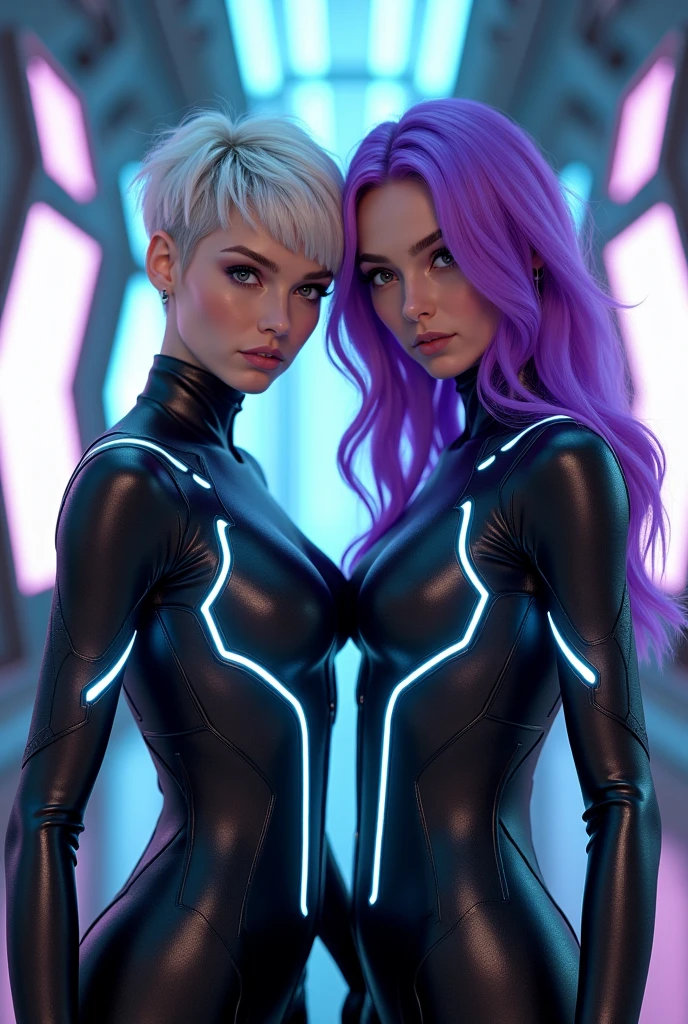 Masterpiece, best quality, 1girl, with long flowing iridescent hair in shades of purple, blue, and green, wearing a sleek black bodysuit, standing in a dramatic pose with one hand on her hip and the other holding a glowing, magical crystal ball. In the background, a swirling vortex of light and energy adds to the mysterious and enchanting atmosphere of the scene. glow hair, multicolor hair, (two heads)