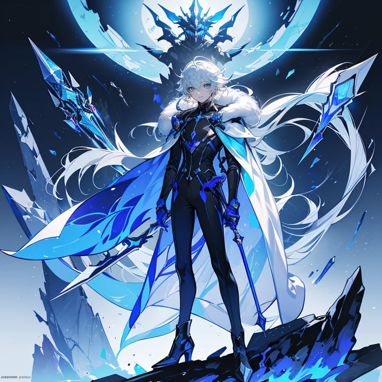 full animated fantasy character drawing , Young man, half human, half robot , Shiny white hair of medium length , Bright blue eyes shining like crystal , Wearing a blue robe with fur around the collar , Wearing futuristic warrior outfits mixed with fantasy , with one arm made of metal, robot , Elegant high boots , holding a glowing energy sword or weapon High-tech , , elegant standing posture with a show of confidence , The background scene is a futuristic futuristic world mixed with destroyed nature., Full details, both clothes and accessories