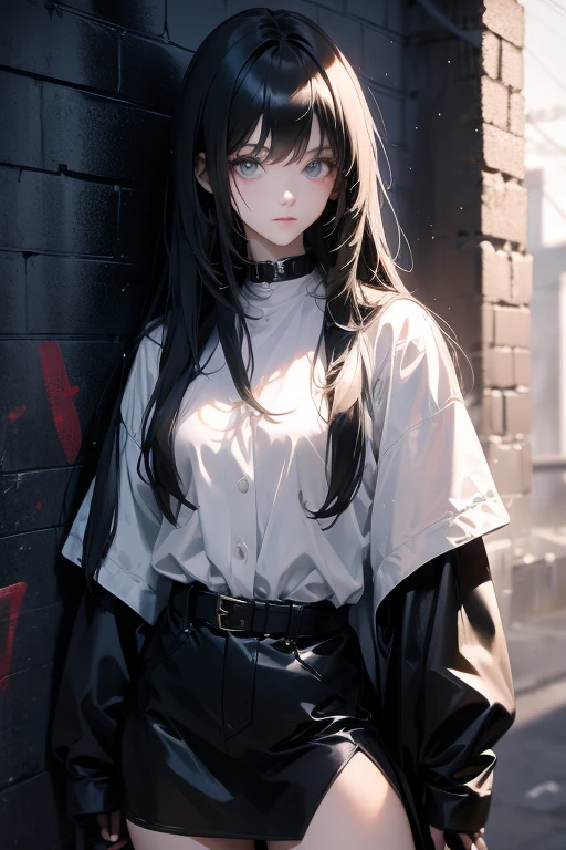  long-haired girl ,  black with fringe ,  posing for a photo , white shirt with oversized graffiti coat posing next to a graffiti brick wall, estilo Need for Speed 