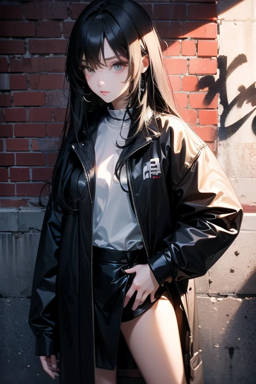  long-haired girl ,  black with fringe ,  posing for a photo , white shirt with oversized graffiti coat posing next to a graffiti brick wall, estilo Need for Speed 