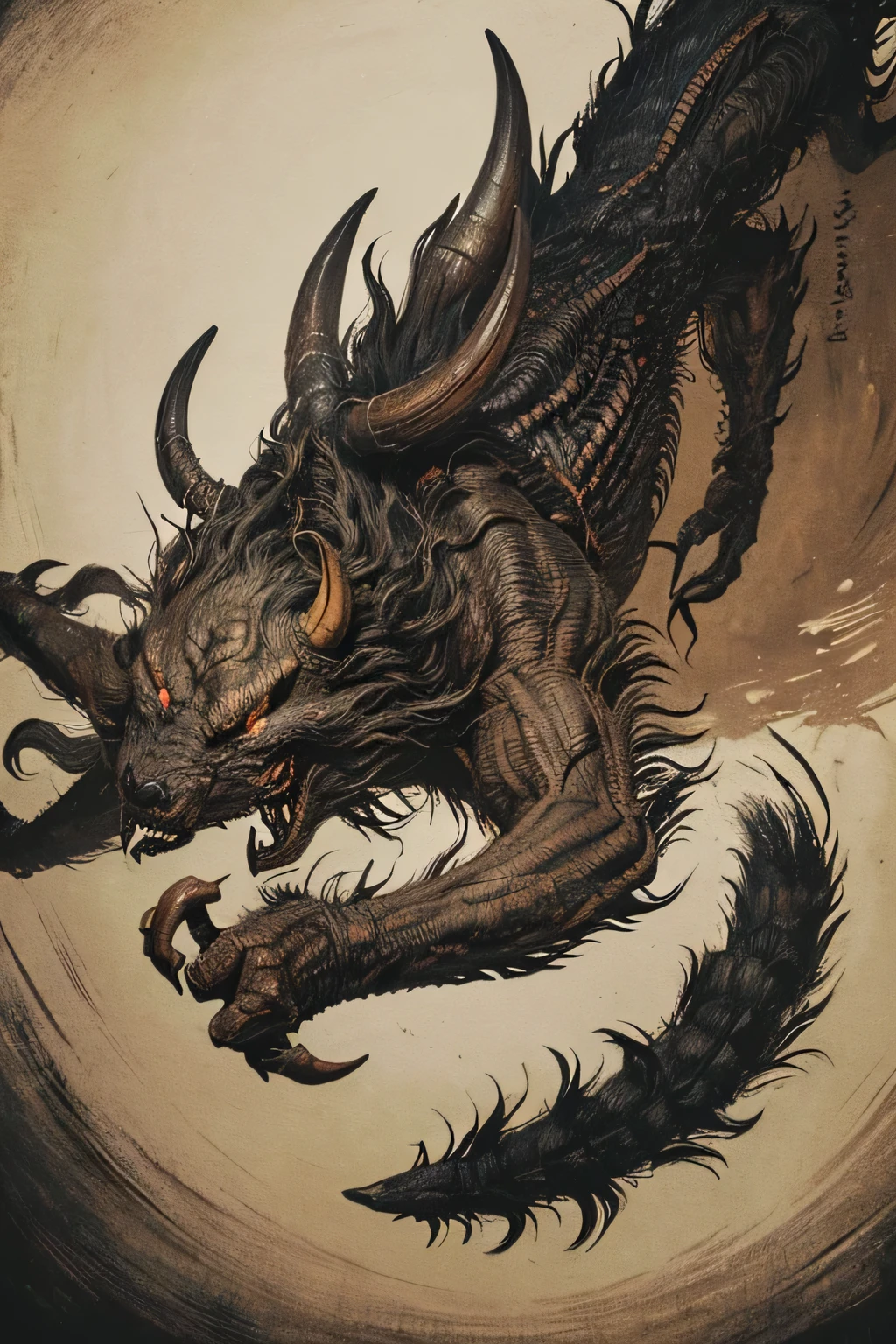 ((A large number of beast-like monsters)), ((war)), ((Jumpscare)), outline warm color, ((festival)), ((Chojugiga)), ((Shihon Bokuga)), antique, (personality personification ), (Ink painting), Black and White Art , (Old paper style illustration), (Hunting Painting Style, Little Monster , Old performance, Variation pointillism, flat illustration , creepy, ( Horror elements), creepy worldview, ( Primitive art ), outline warm color, are styled like old picture scrolls, Old stage, Ancient mural style, Intense Movements , jump, ((low angle))