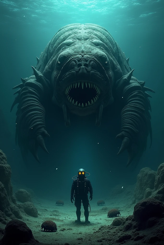 A terrifying gigantic trilobite that has large jaws near divers with other smaller trilobites in a deep ocean trench.