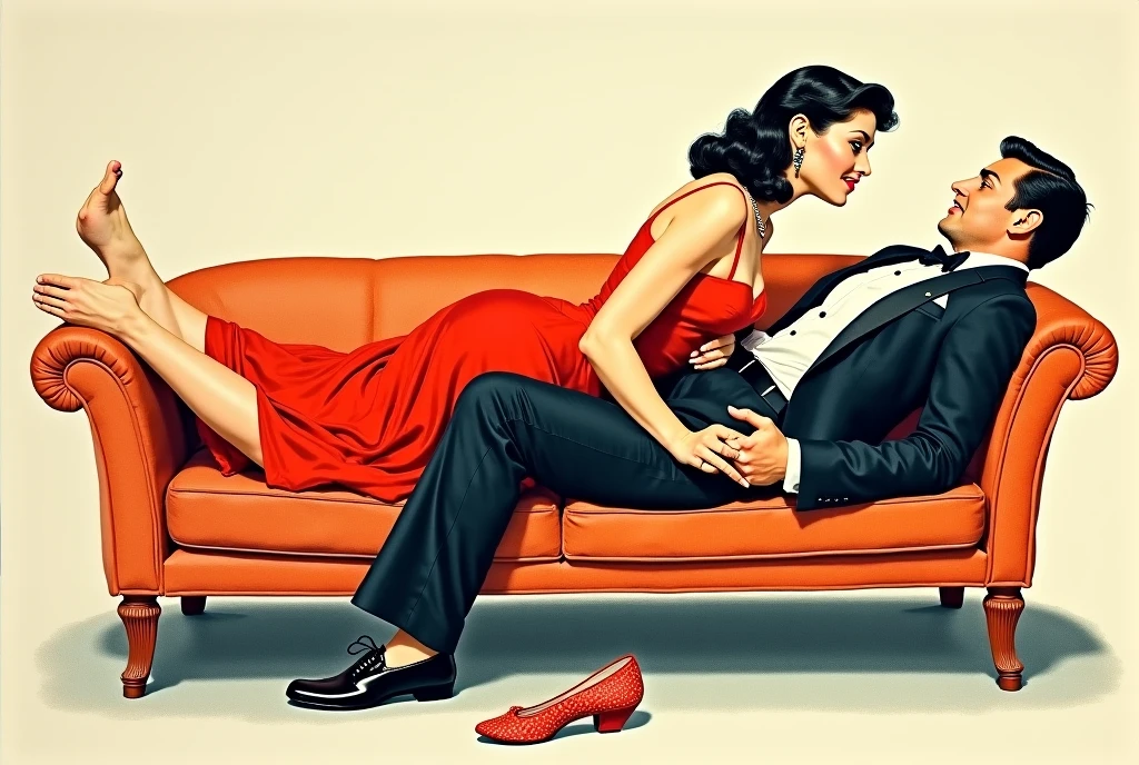 "Pop art style illustration of a woman in a red dress giving a massage to a man who is lying in bed. The woman has a focused and caring expression, gently touching the man's back and shoulders. The scene should convey relaxation and connection emotional, using a style that combines cartoon and caricature elements with vibrant and expressive colors. Ensure the background is simple, focusing on the bed and the couple, maintaining the representation of good taste and respectt