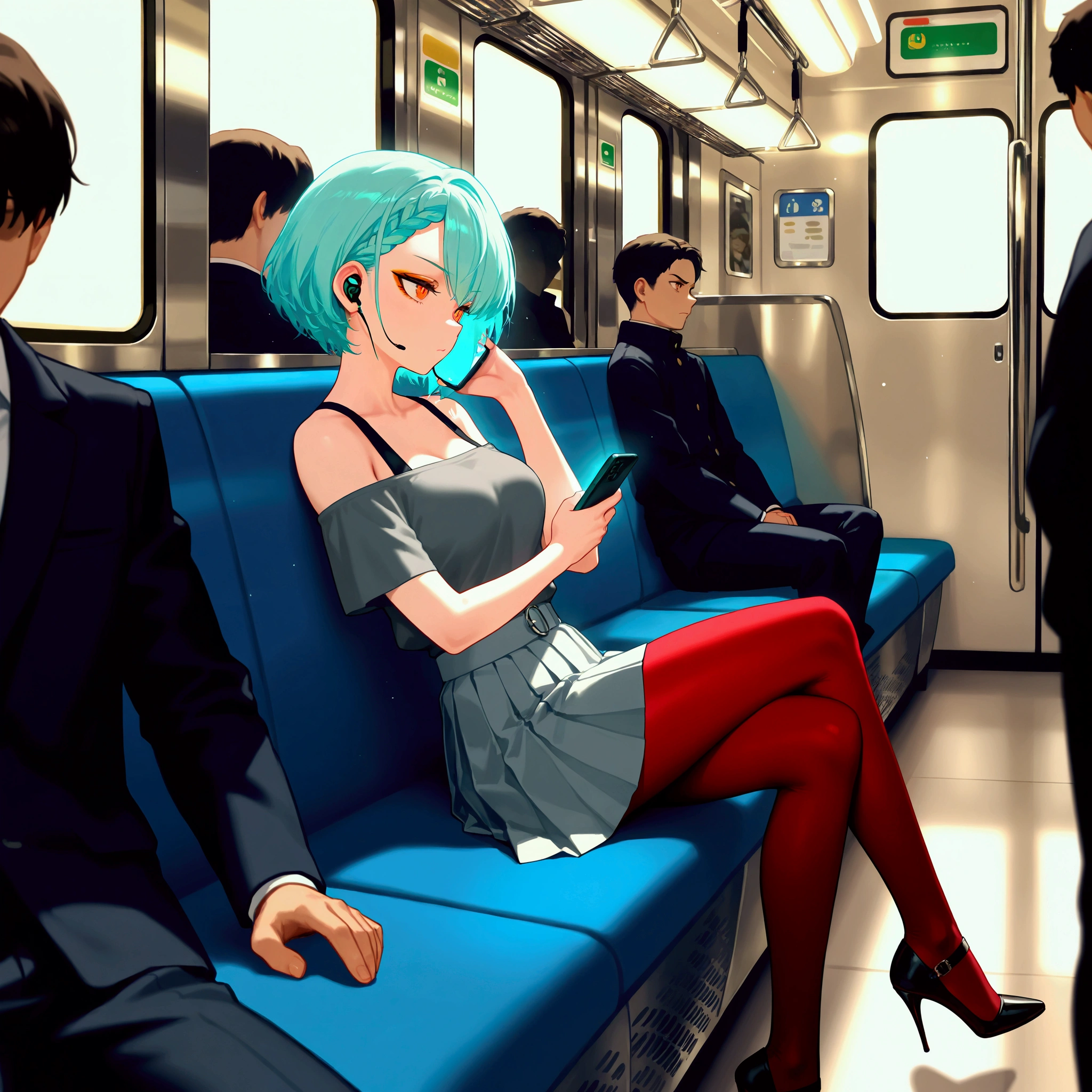 Masterpiece, Best quality, Ultra-detailed, illustration, Beautiful detailed eyes, Cute cat girl,Short hair, ((White hair)), (Green hair), (Gradient hair :1.5), (Big hair :1.4) , Cyan eyes, ((sitting in the train seat)),Floating white silk, Stars in Eyes,Perfect hands,nice hand,Perfect legs,Perfect body, ((full body)),