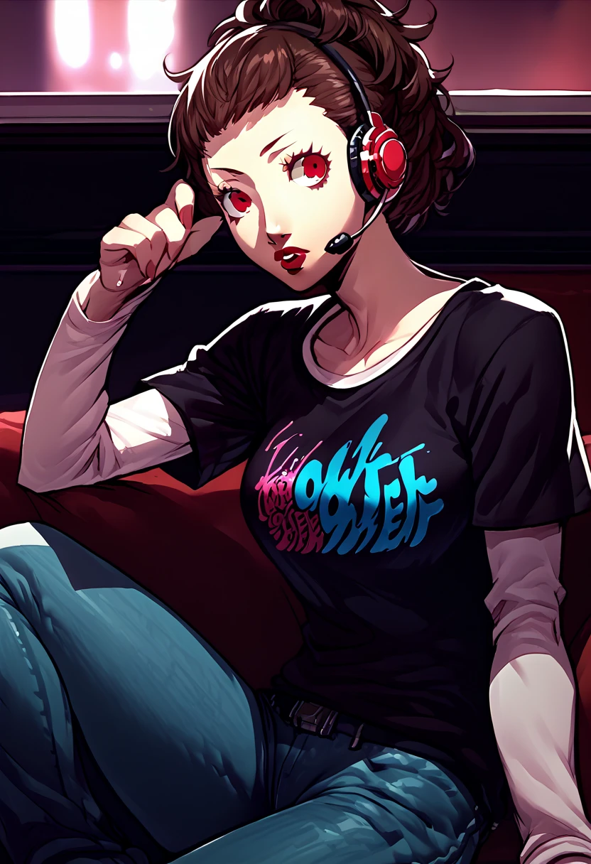 1 girl, headset, lipstick, black t-shirt, clothes writing, layered sleeves, large breasts, jeans, Kotone Shiomi, brown hair, red eyes