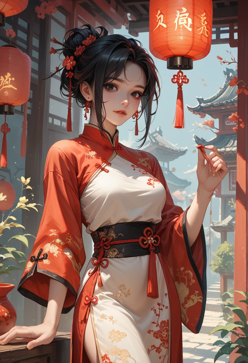  woman ,  dark hair to the waist,  Black eyes , a sharp face with a birthmark ,  traditional Chinese clothing ,  with a red lantern inside the Chinese courtyard.