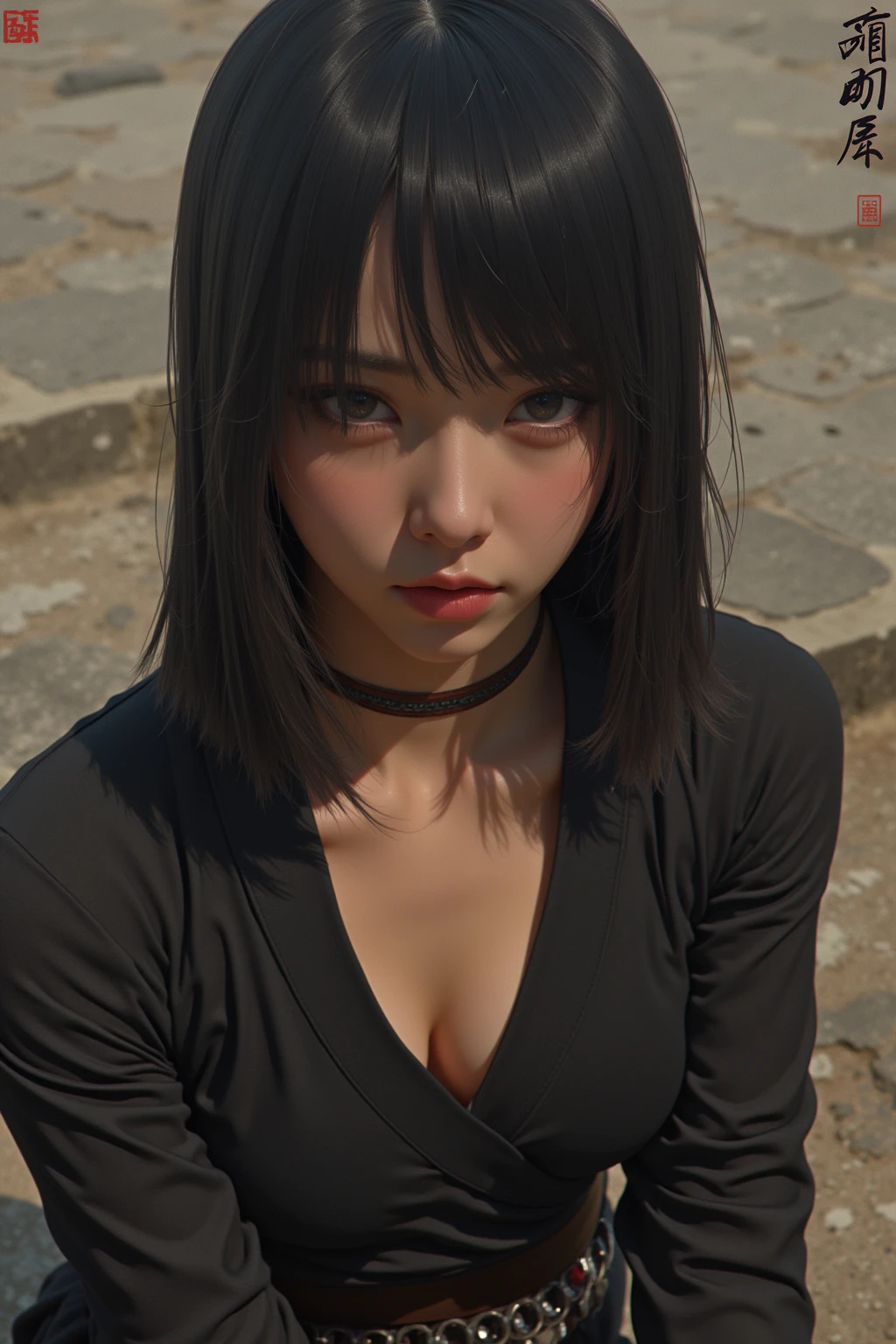 Young and sexy beautiful female ninja  , clothes(In line with the times)This peeling  , Medium chest , 젖 chest exposure  ,  chest exposure  , clothes 질감( Nipple expression ) , Sweat flowing ,  High quality , Naturalness ,  super high resolution  , Fine-tuned , details , A frightened expression  , Realistic ,  exposed a lot ,   escaped by several samurais