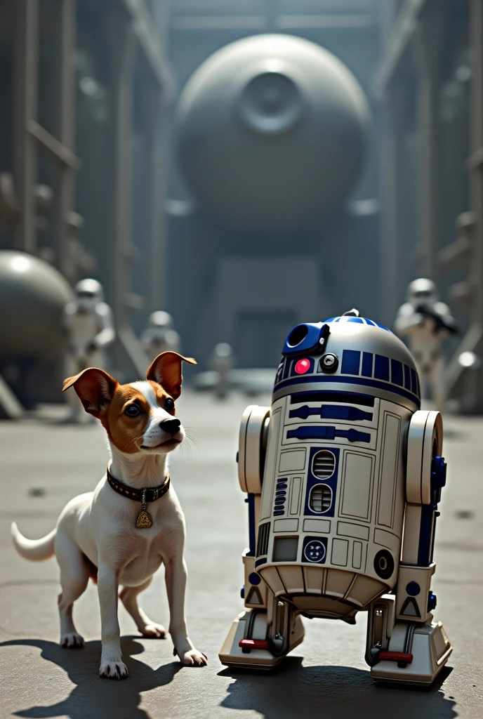 create an image with two dogs together. being a male Dogo Argentino dressed as Luke Skywalker and a female white pitbull with brown ears dressed as Leia Skywalker