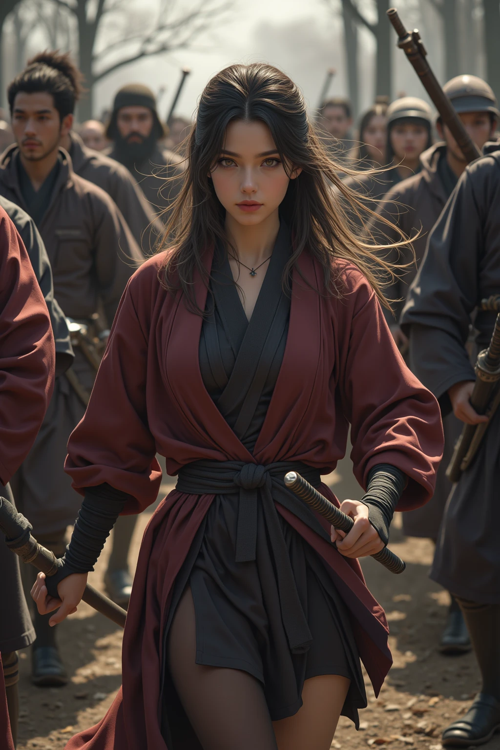  A young, sexy, and beautiful female ninja is dressed by several samurai(Clothes that match the background of the era ) are peeled off and run away  , A lot of exposure , High quality , Naturalness ,  super high resolution  , Fine-tuned