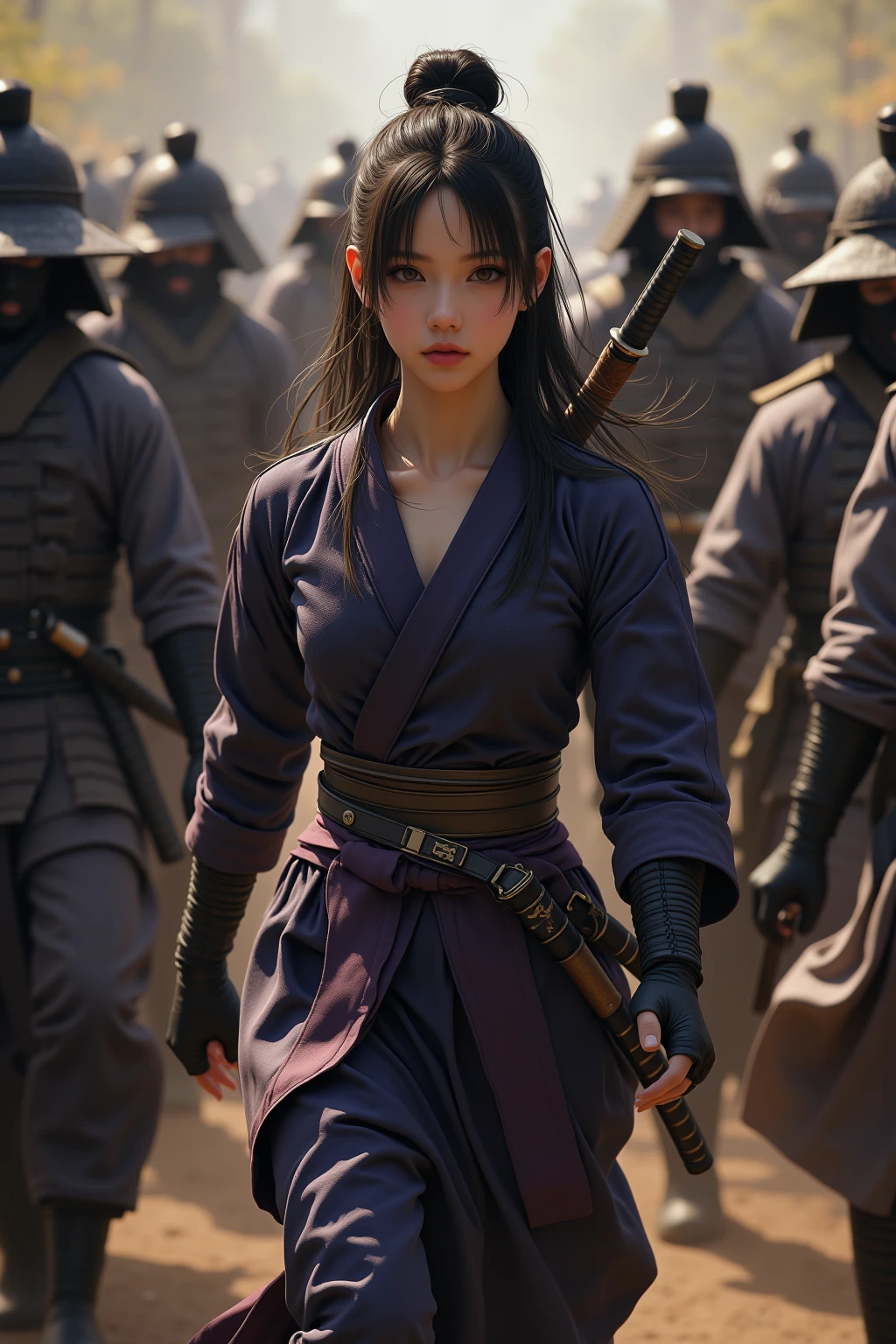  A young, sexy, and beautiful female ninja is dressed by several samurai(Clothes that match the background of the era ) are peeled off and run away  , A lot of exposure , High quality , Naturalness ,  super high resolution  , Fine-tuned