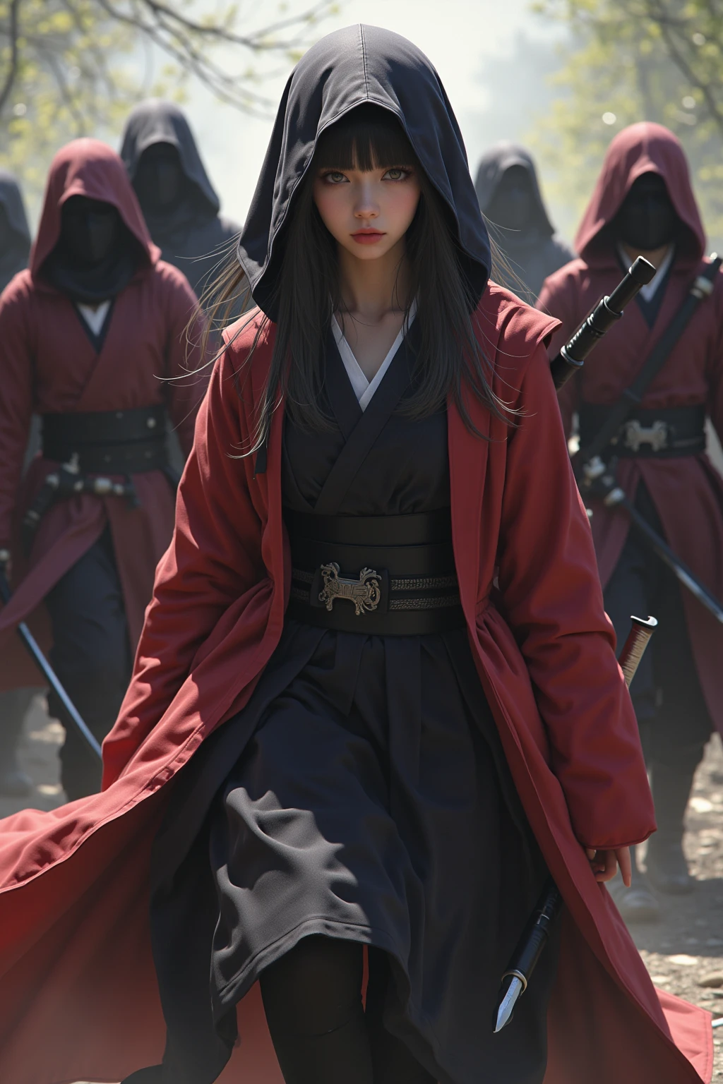  A young, sexy, and beautiful female ninja is dressed by several samurai(Clothes that match the background of the era ) are peeled off and run away  , A lot of exposure , High quality , Naturalness ,  super high resolution  , Fine-tuned