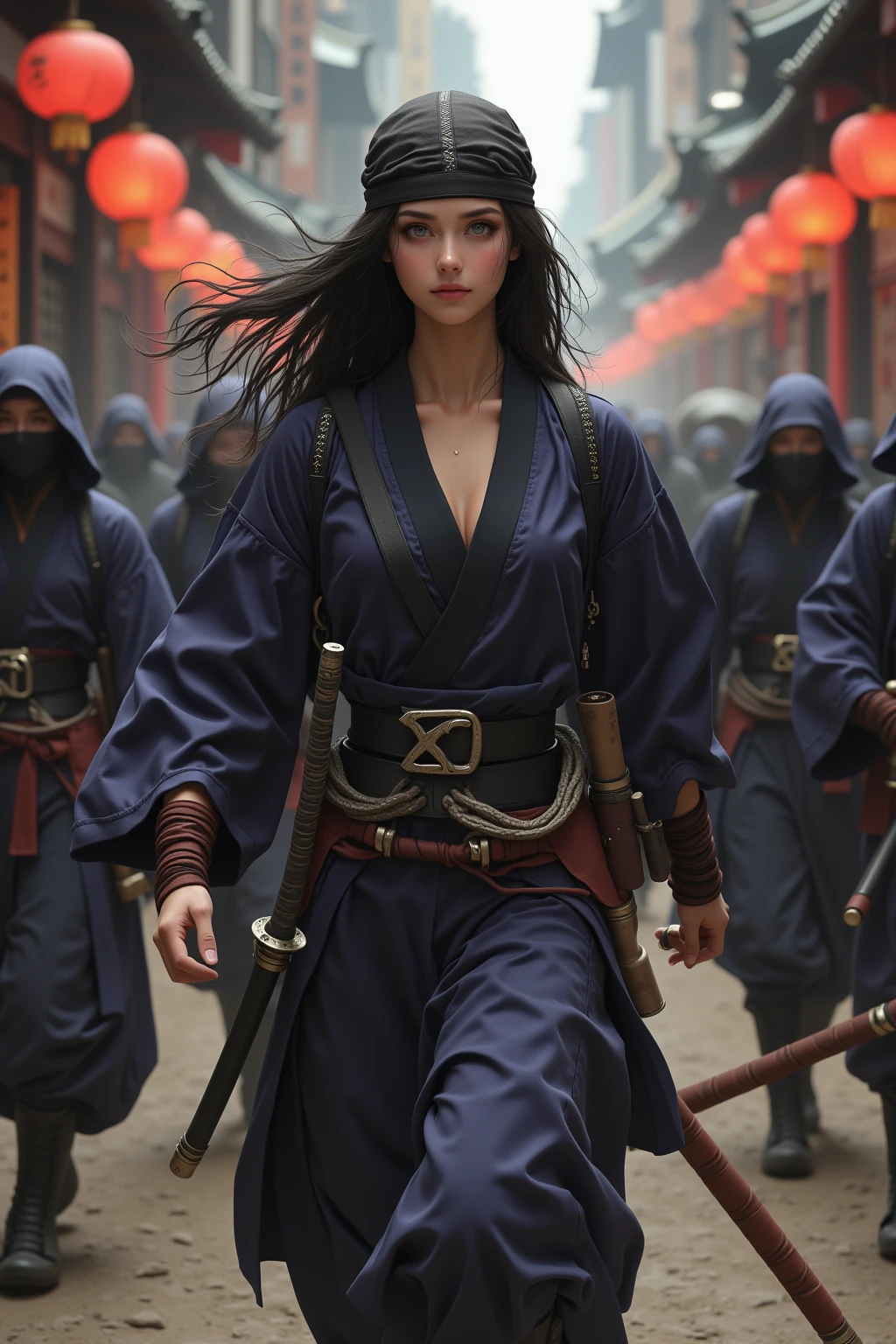  A young, sexy, and beautiful female ninja is dressed by several samurai(Clothes that match the background of the era ) are peeled off and run away  , A lot of exposure , High quality , Naturalness ,  super high resolution  , Fine-tuned