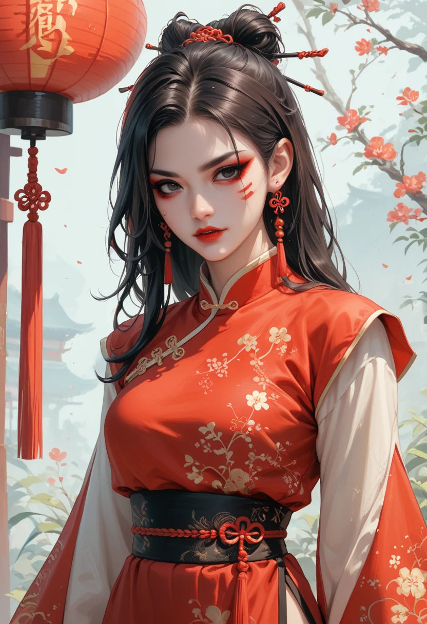  woman ,  dark hair to the waist,  Black eyes , a sharp face with a birthmark ,  traditional Chinese clothing , red light street ,  flirty facial expression, makeup.