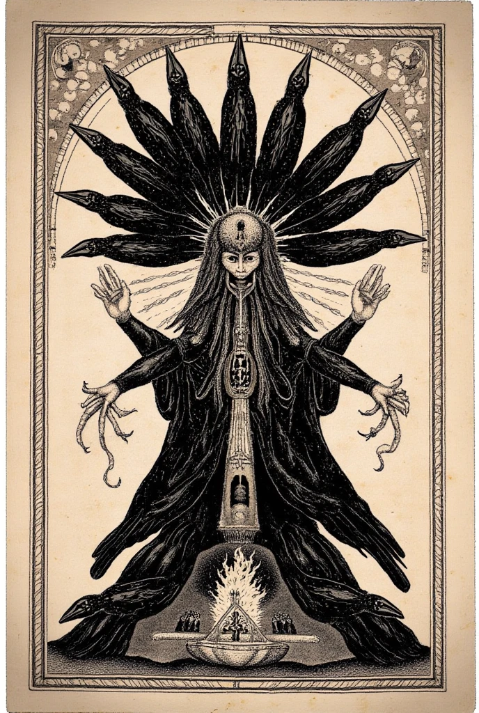 an image of a drawing of an ancient god with wings, the ancient god of death with a halo, the ancient god of death, ancient god of death, villainess has black ancient god wings, ancient god with black wings, portrait of the death ancient god, tall female ancient god, dark ancient god of coffee, dark ancient god, poe's ancient god, Black wings instead of arms, ancient god, ancient godical, archancient god, Shadow cover face, 