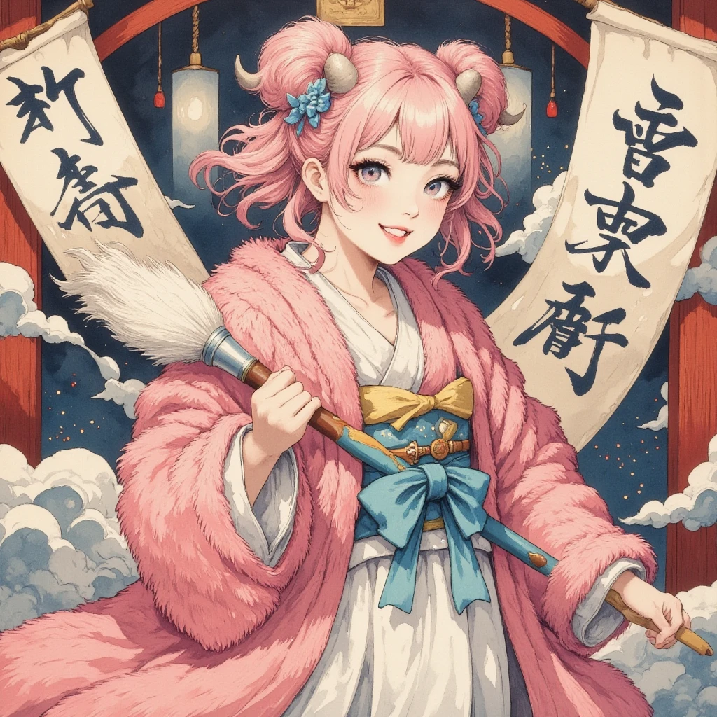 masterpiece:1.3,  highres icon:1.3, (Brush painting, Alone:1.2, Large brush letters written on paper "Fifty thousand " " thank you" ), One Girl \She has fluffy pink hair tied up:1.5\Round sheep horns:1.2\Thick eyebrows:1.1\Brave expression, smug face:1.5,  pink furry sleeve \long-sleeved kimono:1.5, Waving a human-sized brush :1.4, Large brush letters written on paper "Fifty thousand " " thank you" written on paper on the hanging scroll "Fifty thousand " break "Fifty thousand " Japanese style room:1.3,  vivid brush illustration, ( dynamic pose:1.3)