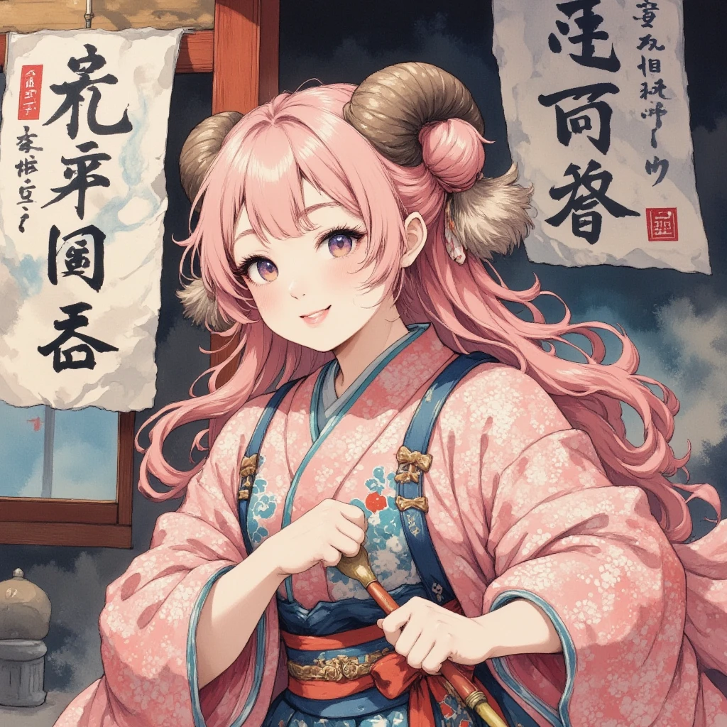 masterpiece:1.3,  highres icon:1.3, (Brush painting, Alone:1.2, Large brush letters written on paper "50,000" " thank you" ), One Girl \She has fluffy pink hair tied up:1.5\Round sheep horns:1.2\Thick eyebrows:1.1\Brave expression, smug face:1.5,  pink furry sleeve \long-sleeved kimono:1.5, Waving a human-sized brush :1.4, Large brush letters written on paper "50,000" " thank you" written on paper on the hanging scroll "50,000" break "50,000" Japanese style room:1.3,  vivid brush illustration, ( dynamic pose:1.3)