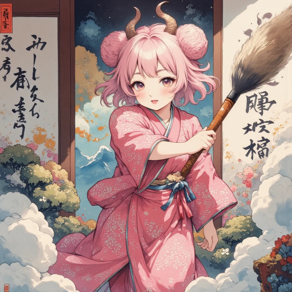 masterpiece:1.3,  highres icon:1.3, (Brush painting, Alone:1.2, Large brush letters written on paper "Fifty thousand " " thank you" ), One Girl \She has fluffy pink hair tied up:1.5\Round sheep horns:1.2\Thick eyebrows:1.1\Brave expression, smug face:1.5,  pink furry sleeve \long-sleeved kimono:1.5, Waving a human-sized brush :1.4, Large brush letters written on paper "Fifty thousand " " thank you" written on paper on the hanging scroll "Fifty thousand " break "Fifty thousand " Japanese style room:1.3,  vivid brush illustration, ( dynamic pose:1.3)