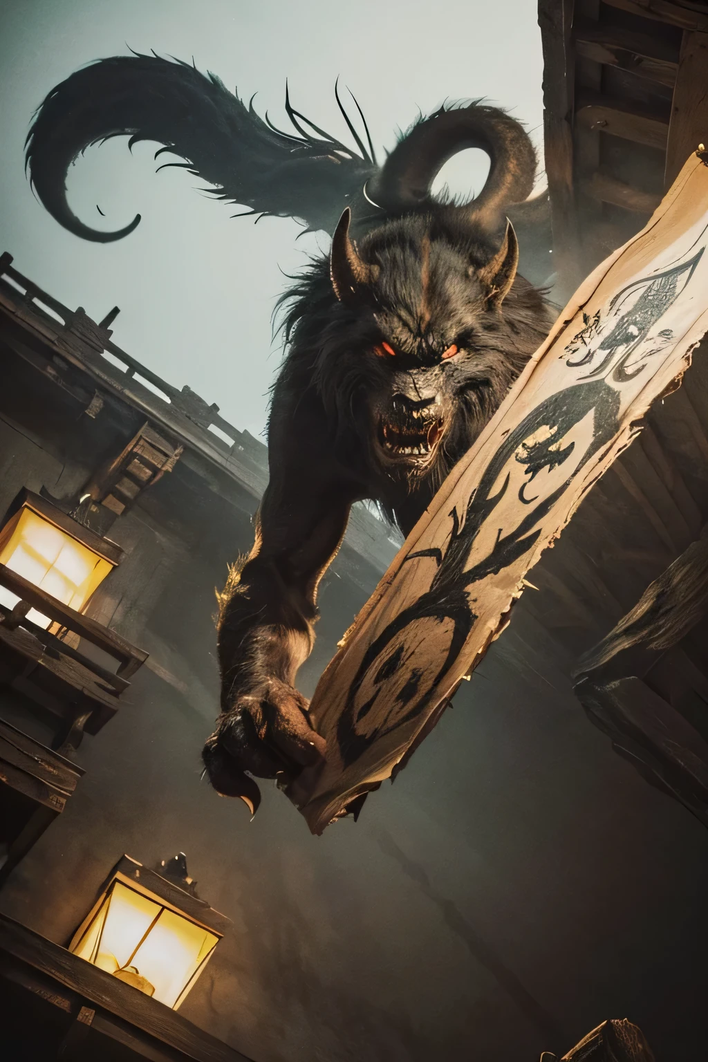 ((A large number of beast-like monsters)), ((war)), ((Jumpscare)), outline warm color, ((festival)), ((Chojugiga)), ((Shihon Bokuga)), antique, (personality personification ), (Ink painting), Black and White Art , (Old paper style illustration), (Hunting Painting Style, Little Monster , Old performance, Variation pointillism, flat illustration , creepy, ( Horror elements), creepy worldview, ( Primitive art ), outline warm color, are styled like old picture scrolls, Old stage, Ancient mural style, Intense Movements , jump, ((low angle))