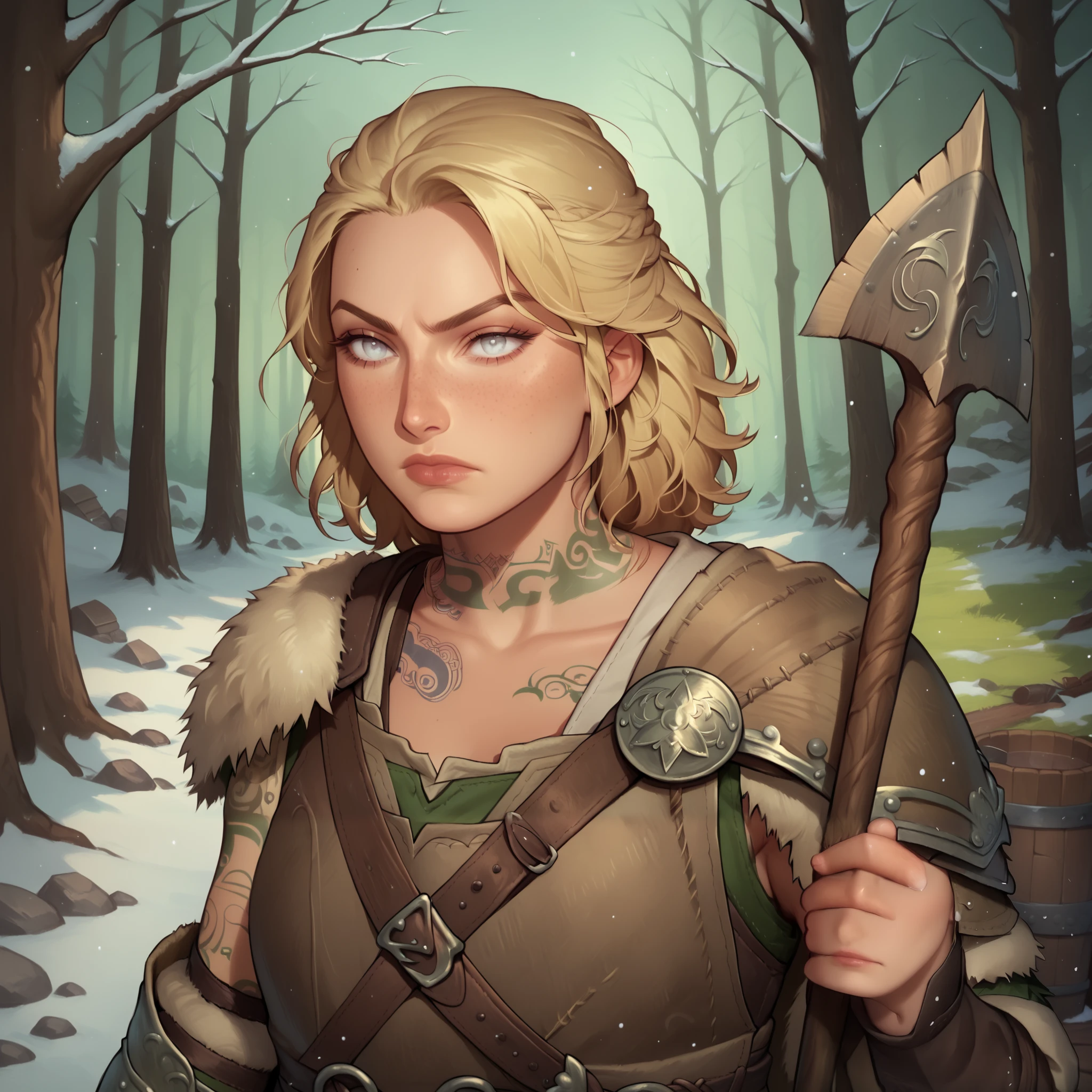 (((beautiful, high quality, comics style, detailed face))), score_9, score_8_up, score_7_up, BREAK, human, 1woman, tall, slender, short straw blonde hair:1.2, white eyes, green tattoos, tentacles tattoos, neck tattoos, viking, scale mail armor, has a wooden shield and a spear, solo, portrait, upper body, portrait, serious expression, at night, snow forest background, fantasy, Expressiveh, detailxl